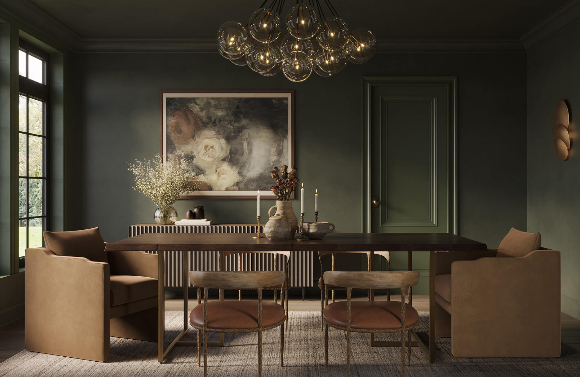 Dark upholstered dining chairs around a light wood table, offering contrast that feels inviting and adaptable.