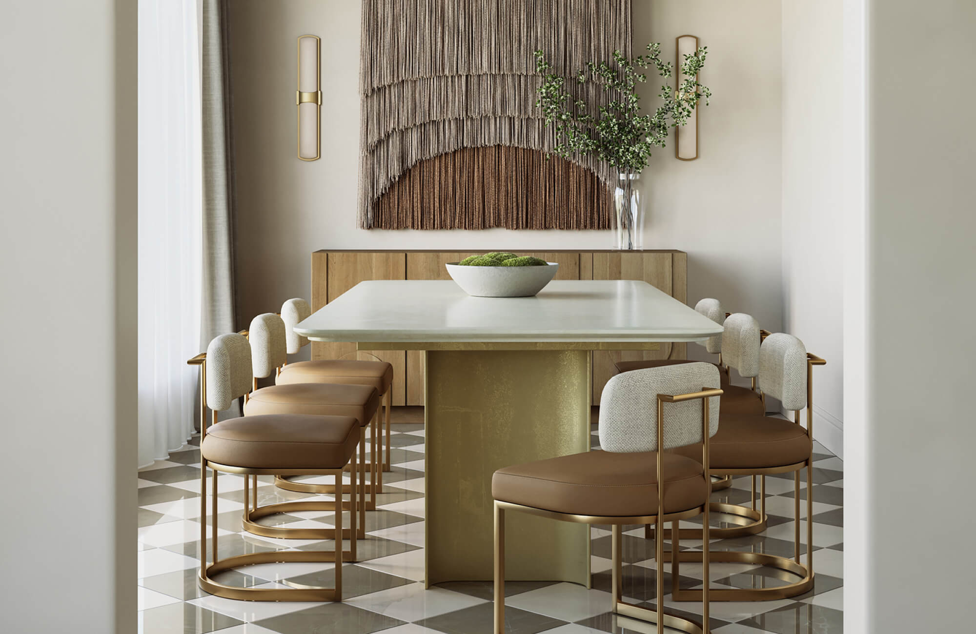 Deep-toned dining chairs in a moody setting, reinforcing durability and visual grounding for frequent gatherings.