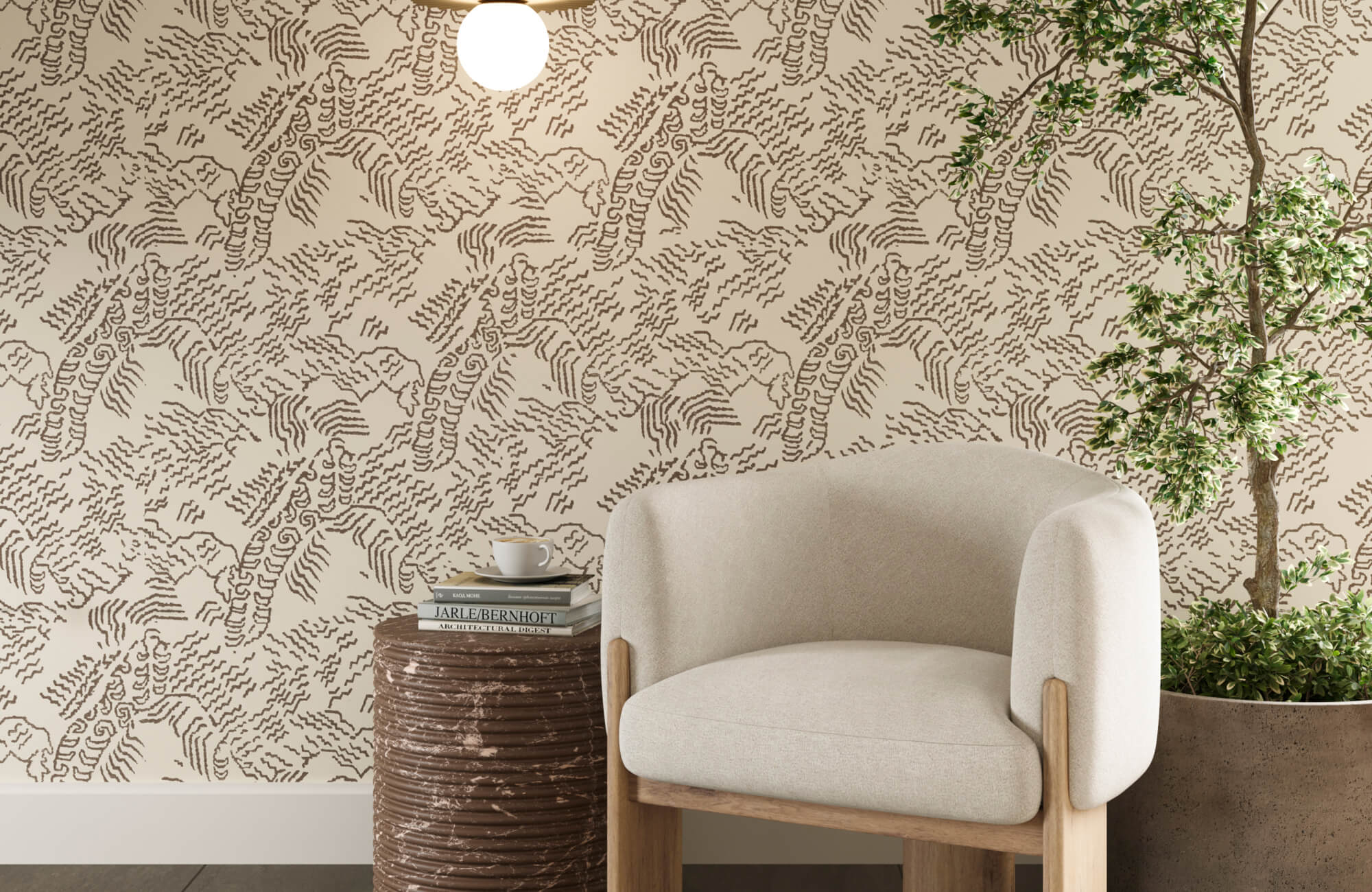 Neutral lounge corner with textured beige patterned wallpaper, soft armchair, wood side table, and leafy indoor plant.