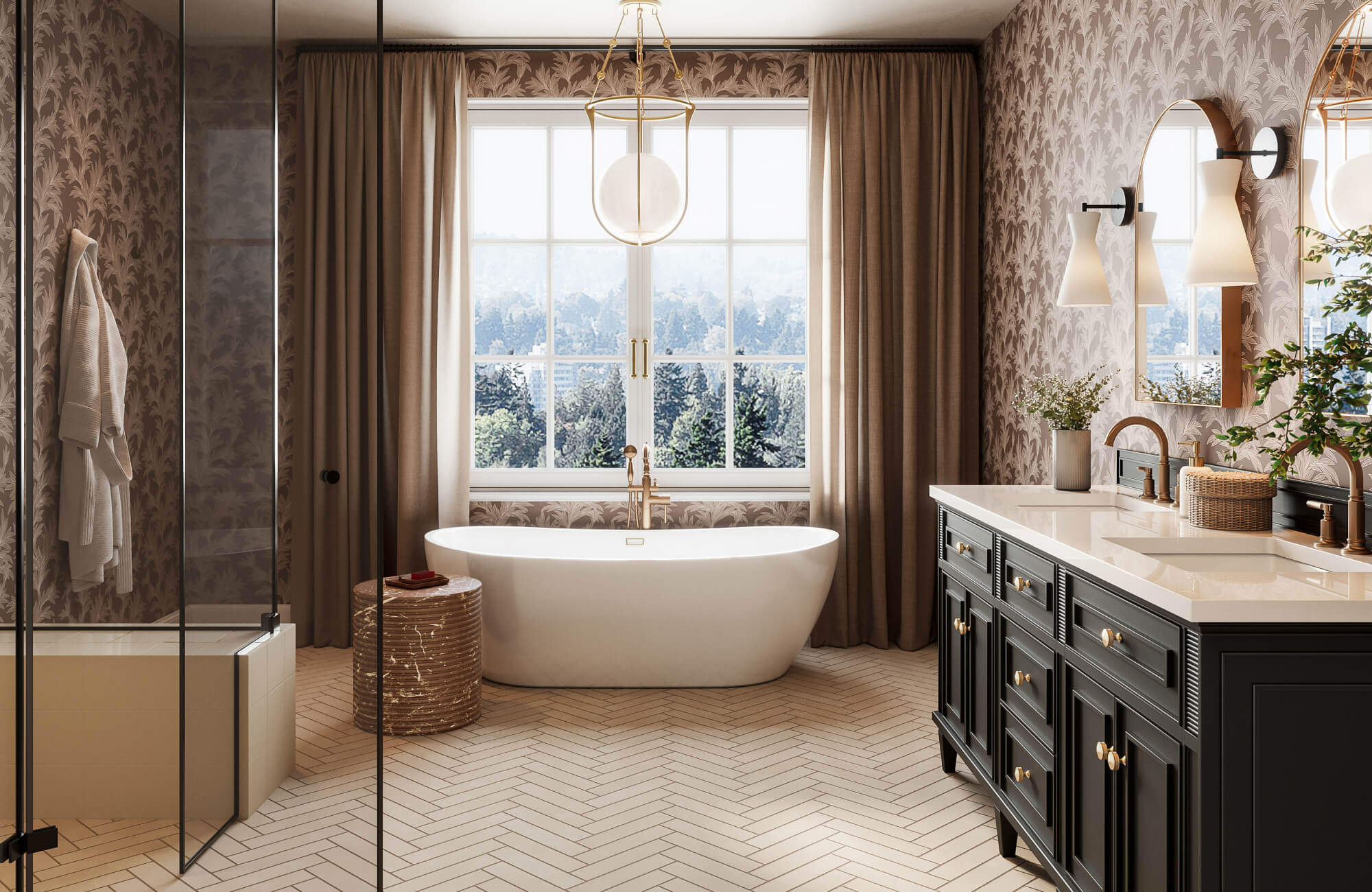 Bright bathroom with herringbone subway tile floor, freestanding tub, and patterned wallpaper paired with a dark vanity, twin arched mirrors, sconces, and brass fixtures.