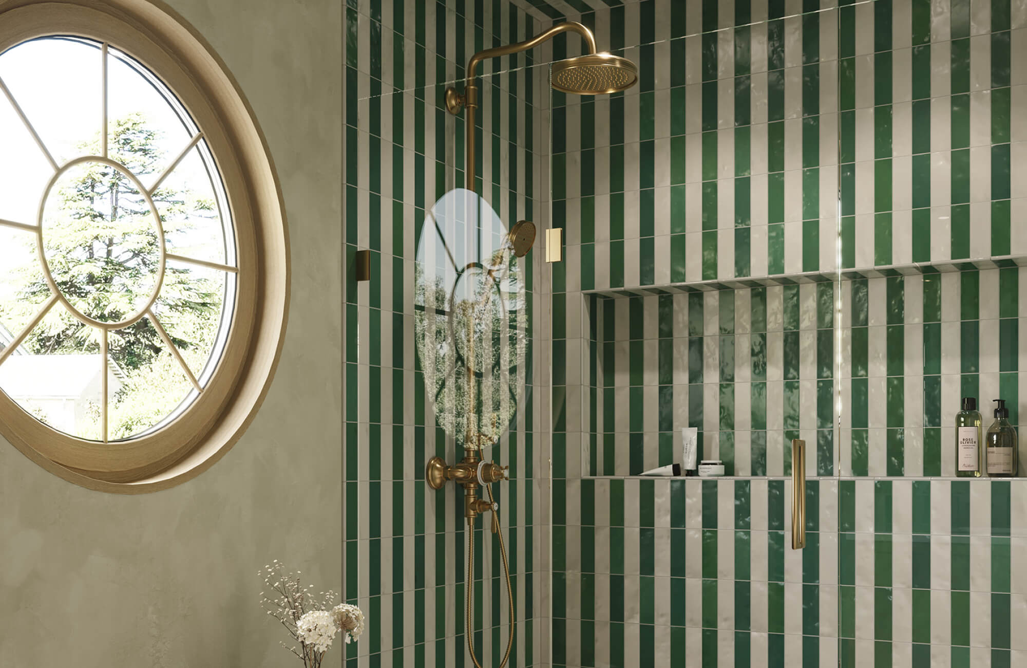 Green vertically striped shower tiles introduce contrast and rhythm, adding visual interest while defining the shower walls.