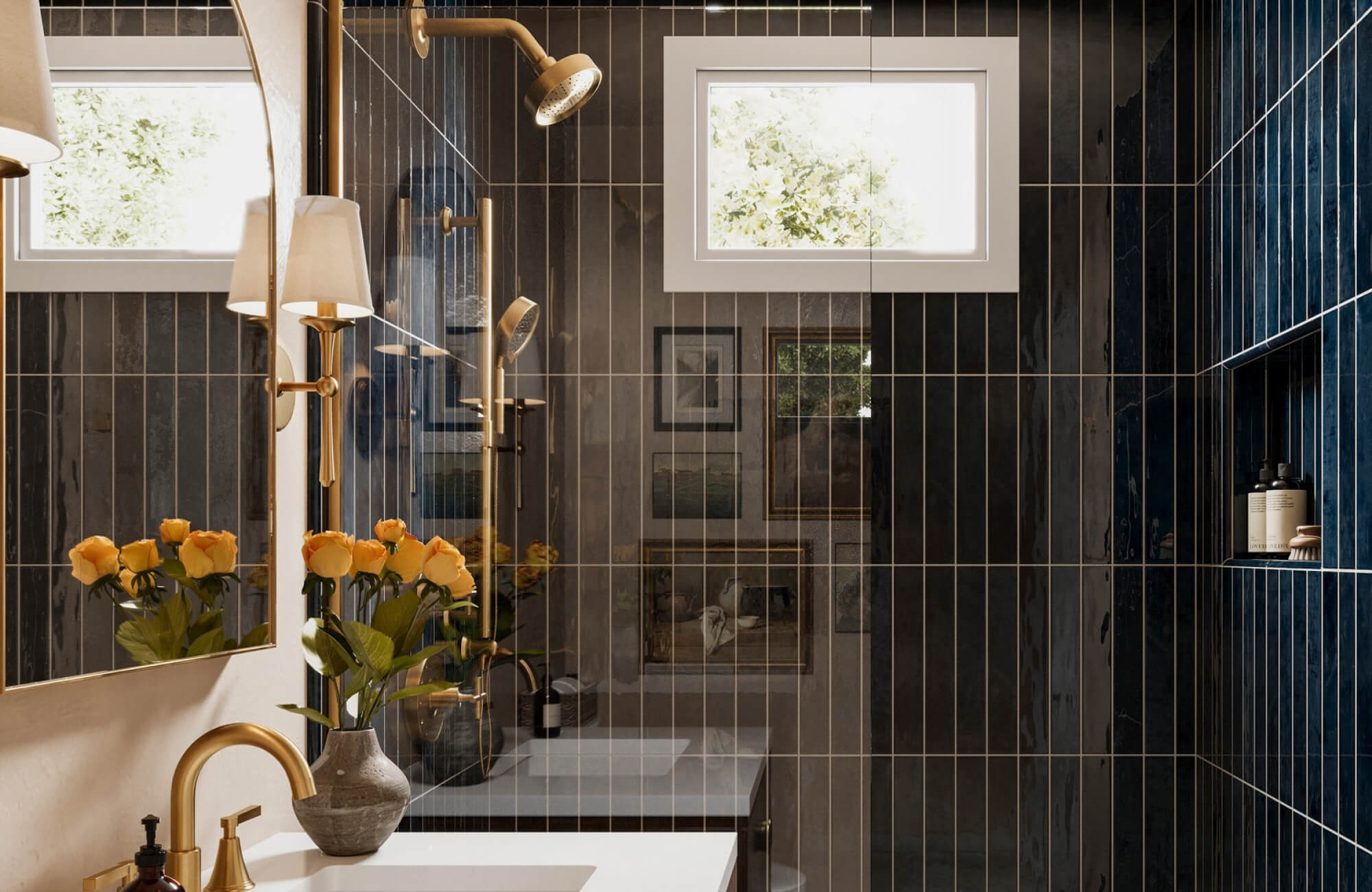 Glossy dark shower tiles reflect light from fixtures, emphasizing depth and contrast in a moody, enclosed shower setting.