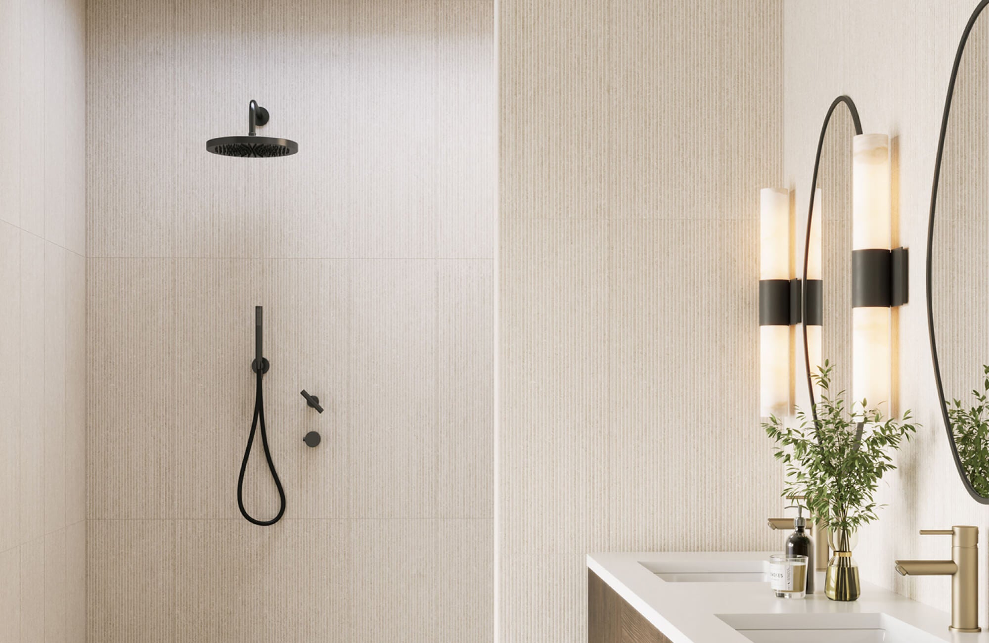 Soft neutral shower tiles with subtle texture create a calm, balanced backdrop that diffuses light evenly across the space.