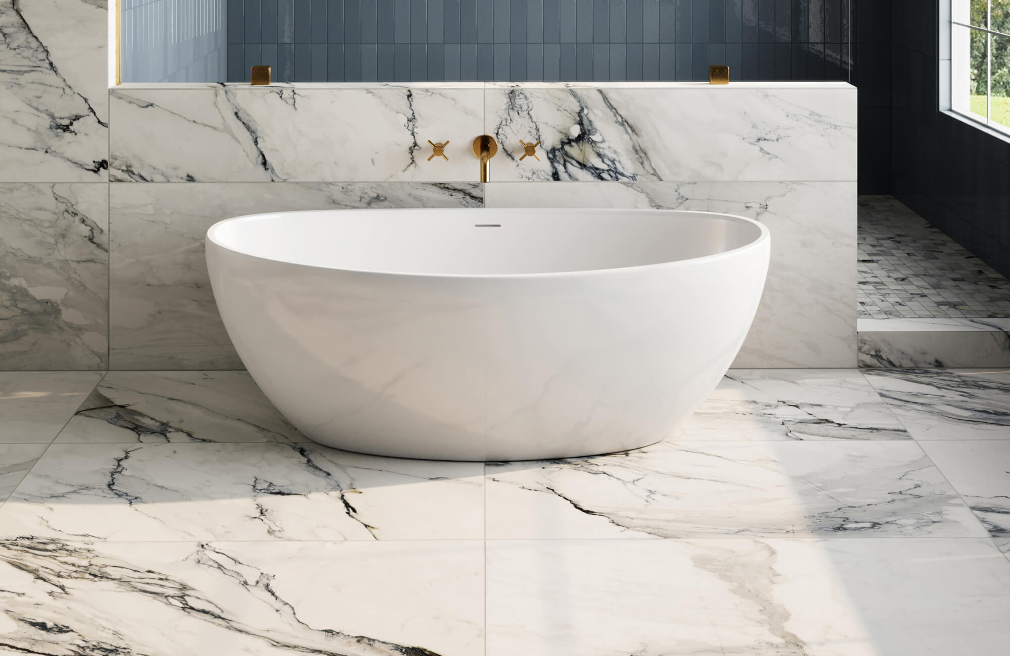 null Dramatic marble bathroom floor with bold dark veining beneath a freestanding tub and tiled feature wall introduces contrast, showing how darker elements can ground a light bathroom.