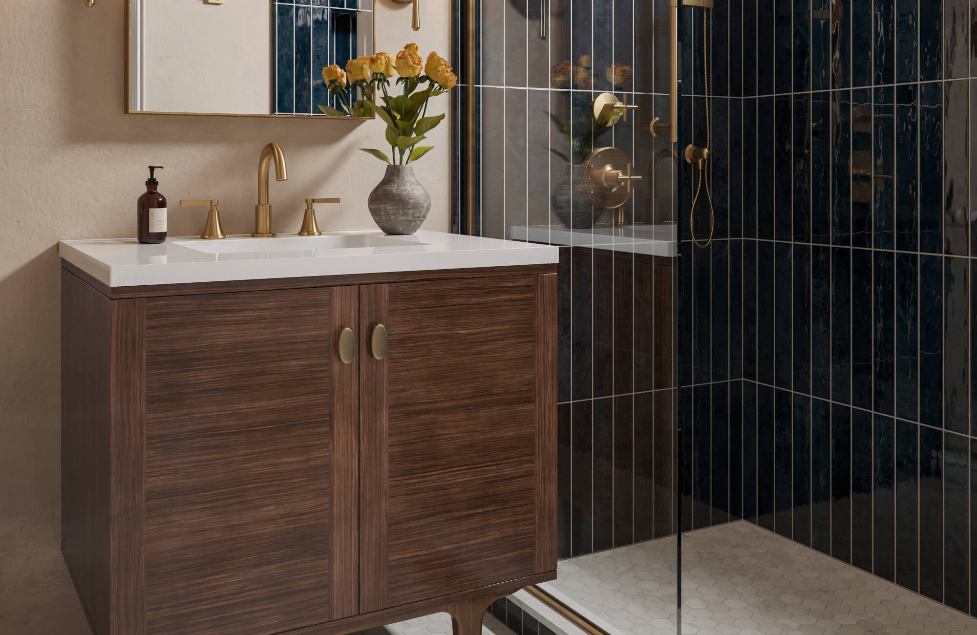 null Modern bathroom with rich wood vanity, brass fixtures, and glossy vertical navy tiles creating a sleek, spa-like shower space.