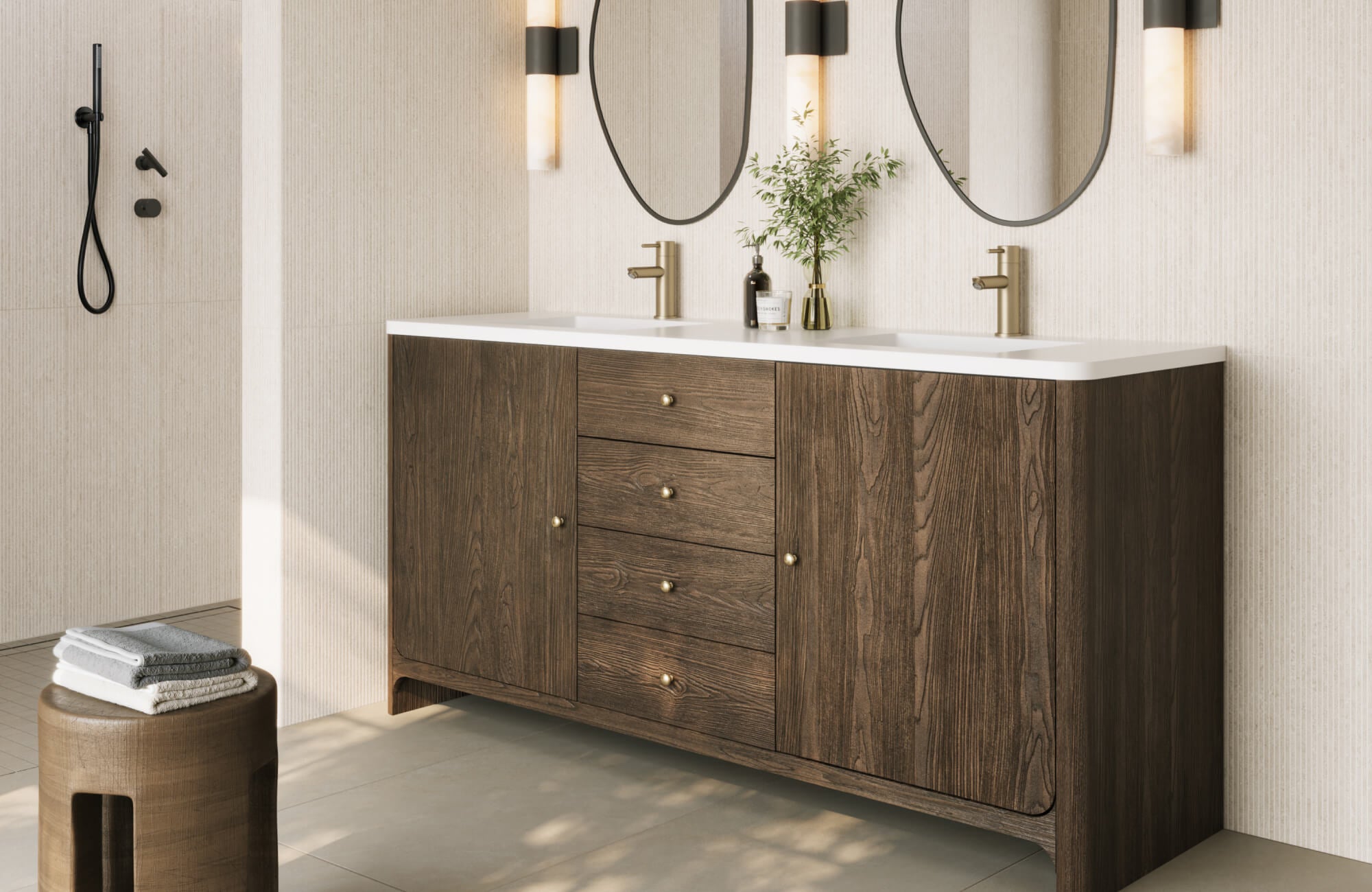 null Minimalist bathroom with a dark wood double vanity, brushed brass faucets, and light vertical tile walls for a serene, modern look.
