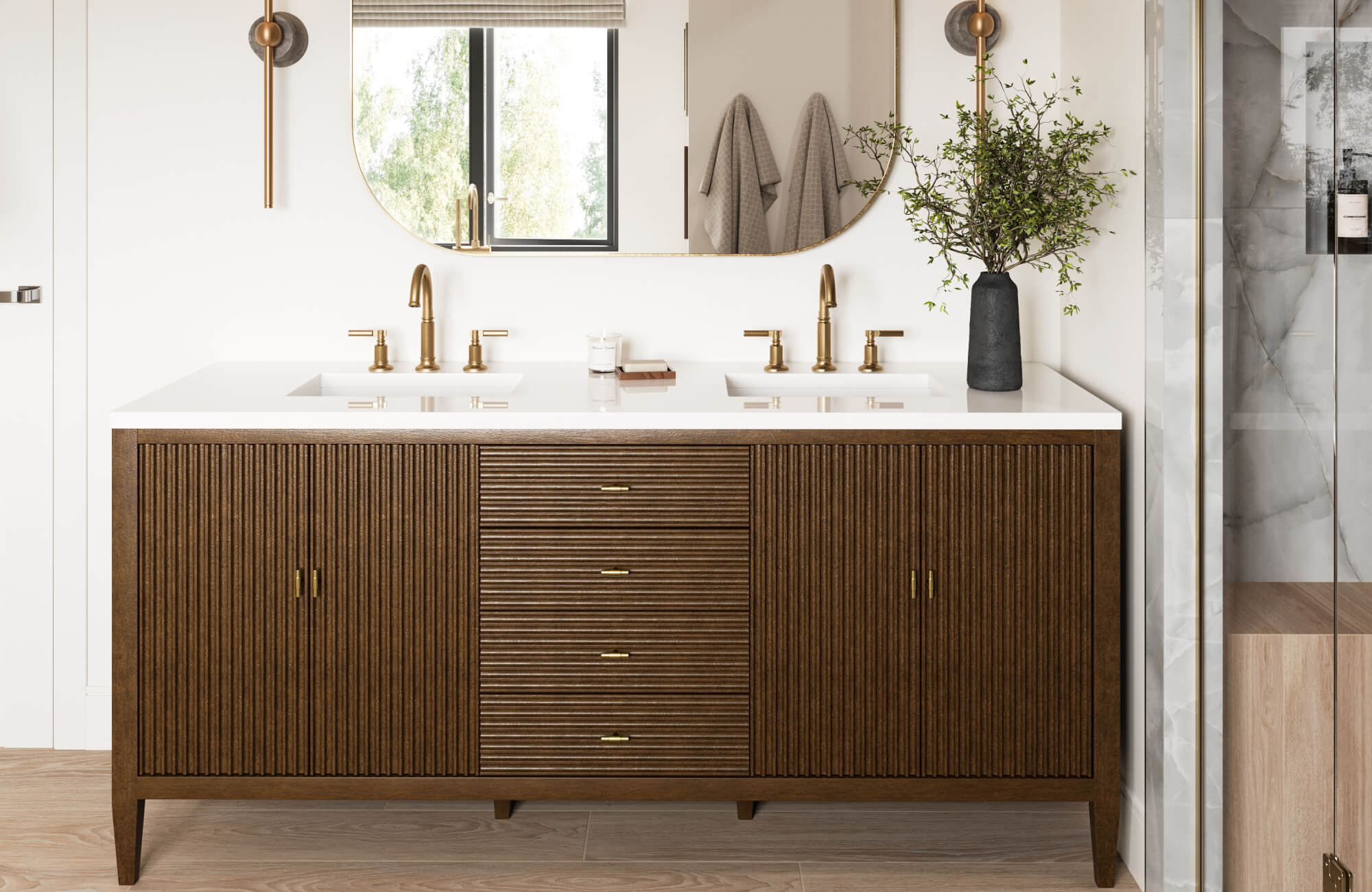 null Textured wood vanity with fluted paneling, double sinks, and brushed brass fixtures set against a serene white and marble backdrop.