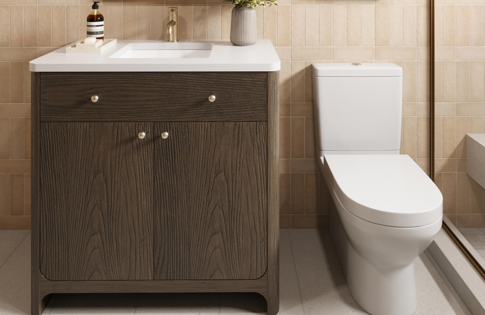 null Compact bathroom with dark wood vanity, pearl-tone knobs, and soft beige vertical tiles creating a warm, inviting ambiance.