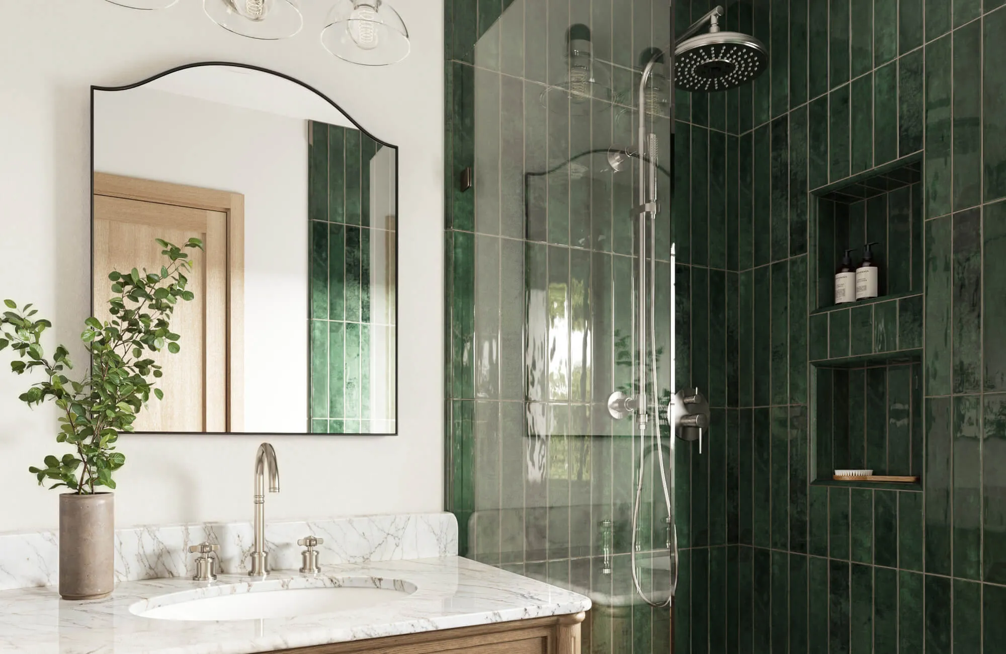 Small bathroom with vertical deep green glossy tiles in the shower, paired with a white vanity and marble countertop, creating a fresh, airy contrast that feels taller.