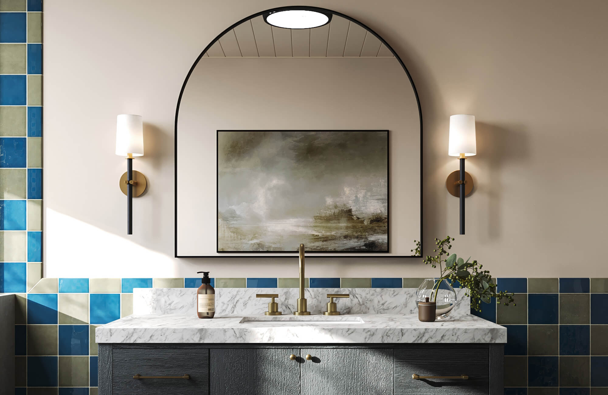 null Blue and olive square tiles frame a marble vanity with brass fixtures, an arched mirror, and sleek wall sconces.