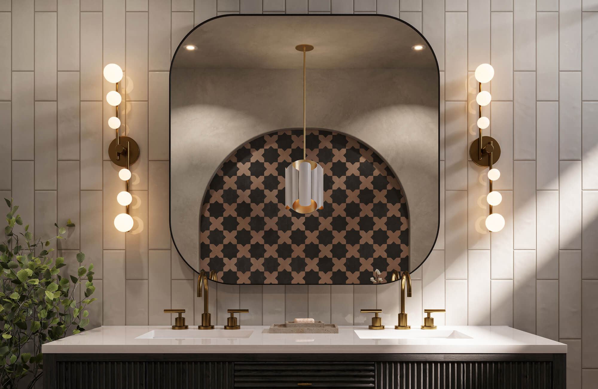 null Elegant bathroom with curved mirror, globe wall sconces, brass fixtures, and a bold black and blush tile arch.