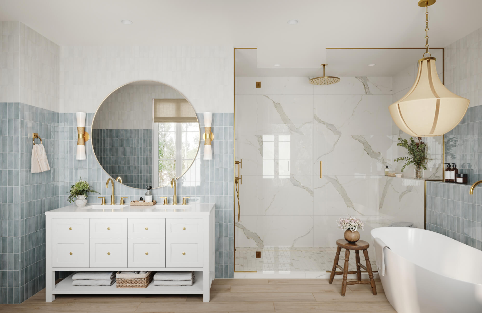 null Spa-like bathroom with soft blue tiles, round brass-framed mirror, sculptural pendant light, and gold-accented sconces.