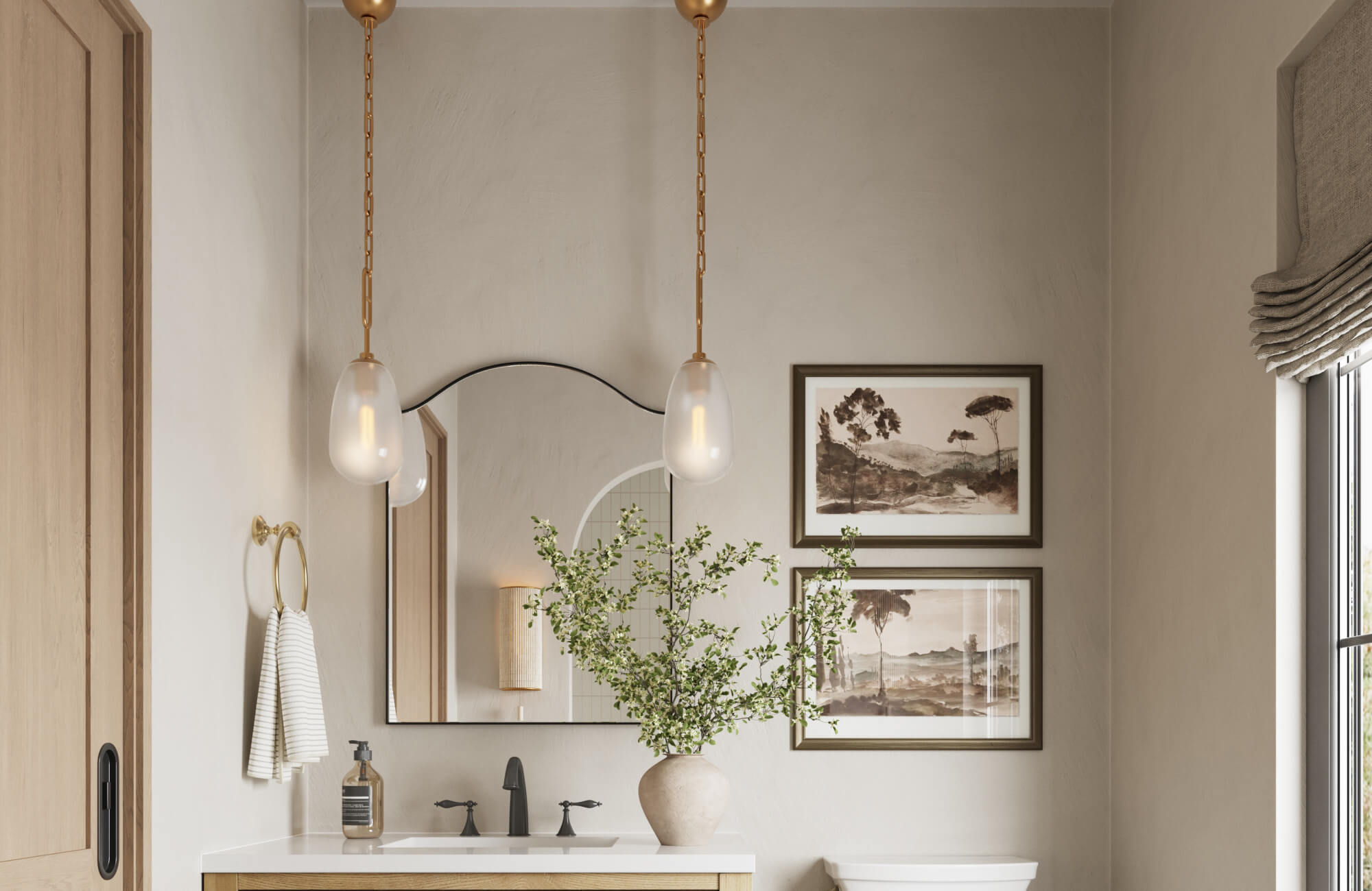 null Warm, earthy bathroom with curved-edge mirror, matte black fixtures, twin glass pendant lights, and botanical accents.