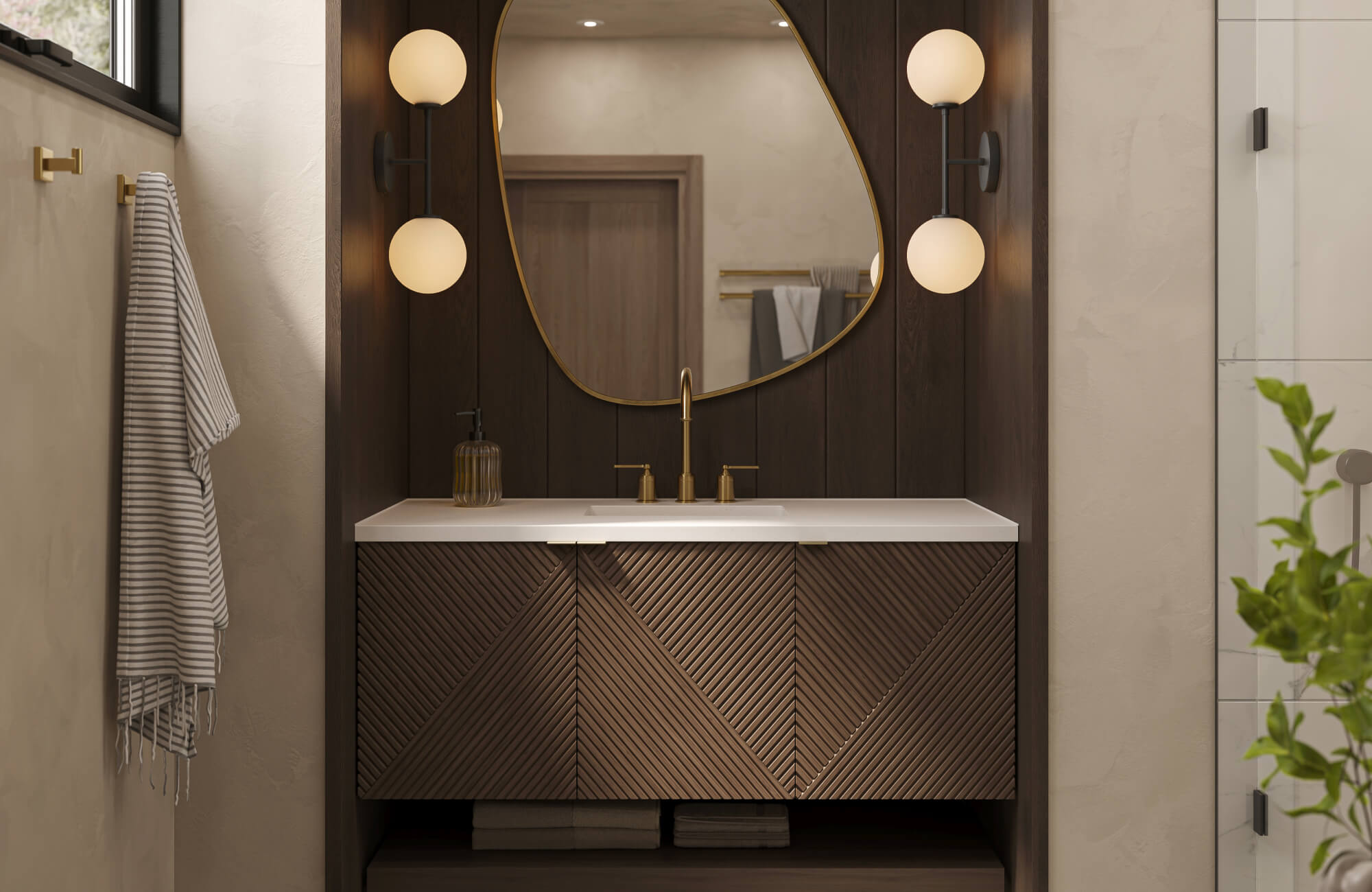 null Modern small bathroom with a streamlined vanity, wall-mounted globe lights, and a sculptural mirror, using layered lighting and warm finishes to avoid a cramped look.