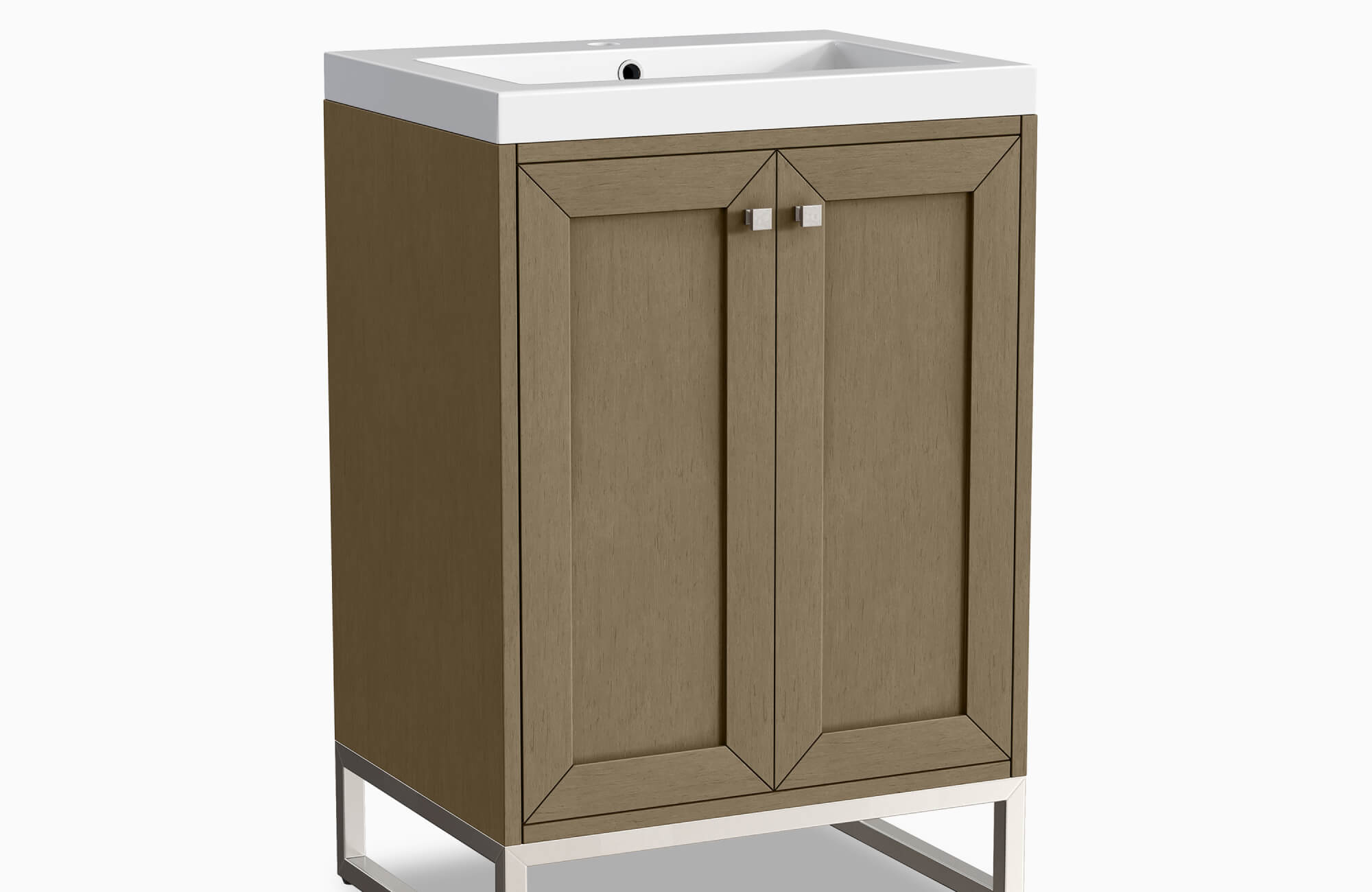 null 24-inch bathroom vanity with a warm wood finish and white integrated countertop, featuring double cabinet doors and a compact footprint suited for small bathroom layouts.