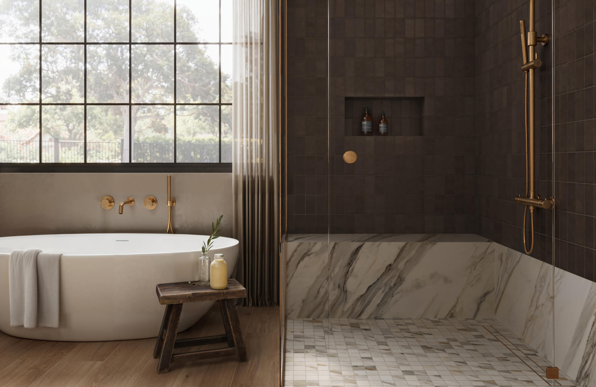 null Bathroom with a freestanding tub beside a glass shower, dark full-height shower tile, and marble-look half-wall panels around the wet zone.