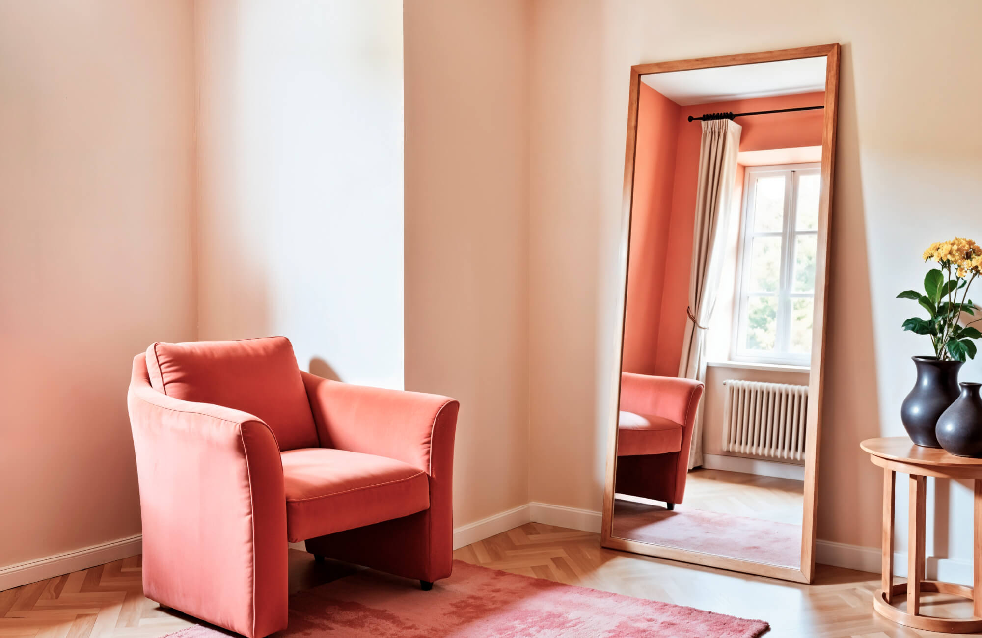 A cozy seating nook featuring a coral armchair beside a large leaning mirror that reflects the window and draped curtains, creating an airy, inviting feel.