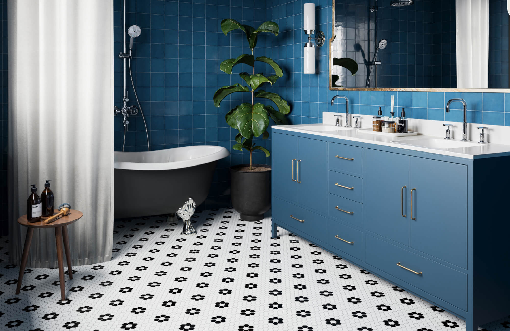 null Bold vintage-inspired bathroom with deep blue wall tiles, a classic clawfoot tub, a blue vanity, and black and white hexagonal floor tiles.