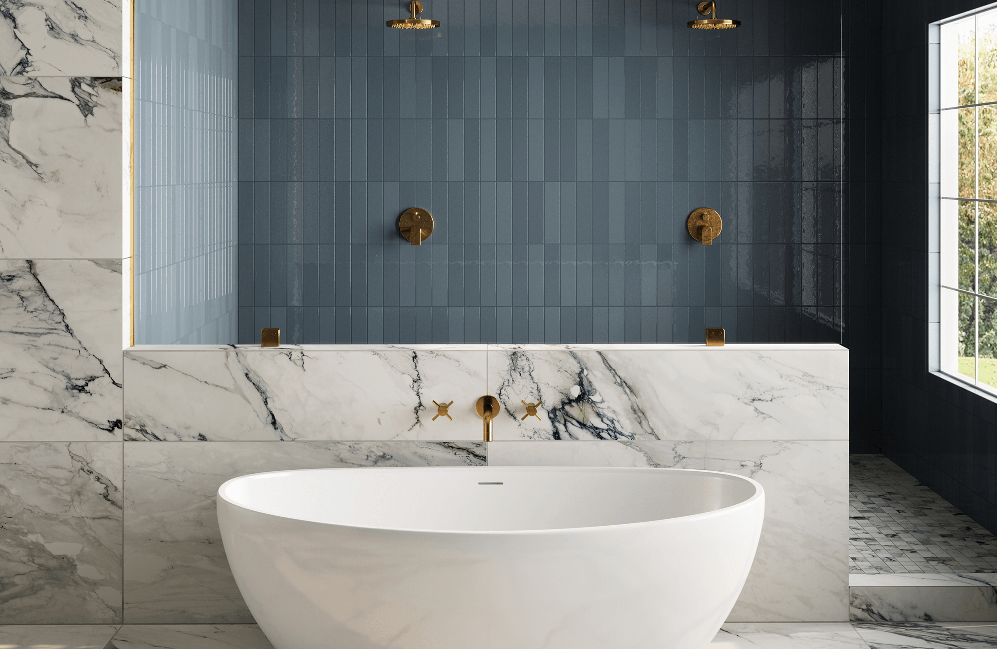 null Luxurious bathroom with dramatic large marble look tiles, deep blue vertical wall tiles, and brushed gold fixtures, featuring a freestanding soaking tub.