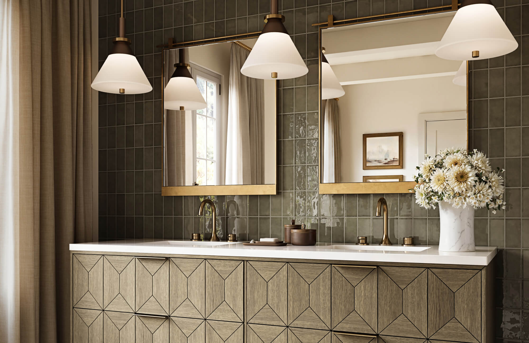 null Bathroom vanity with geometric wood drawers and dual mirrors, set against glossy olive green tile and softened by warm lighting and beige curtains.