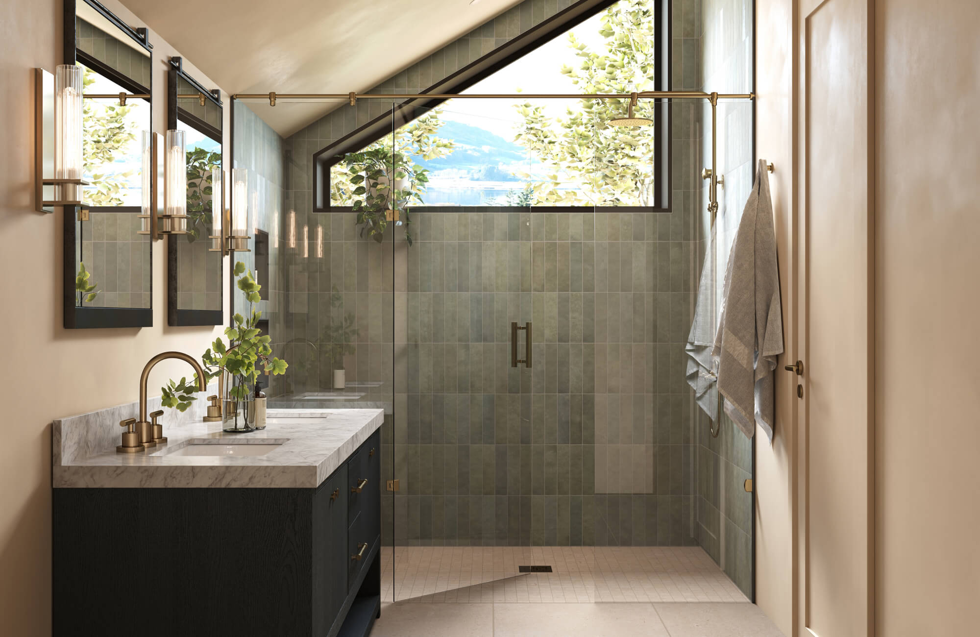 null Framed double mirrors with ribbed sconces above a dark vanity and marble top, paired with a soft green tiled shower and angled window for natural light.