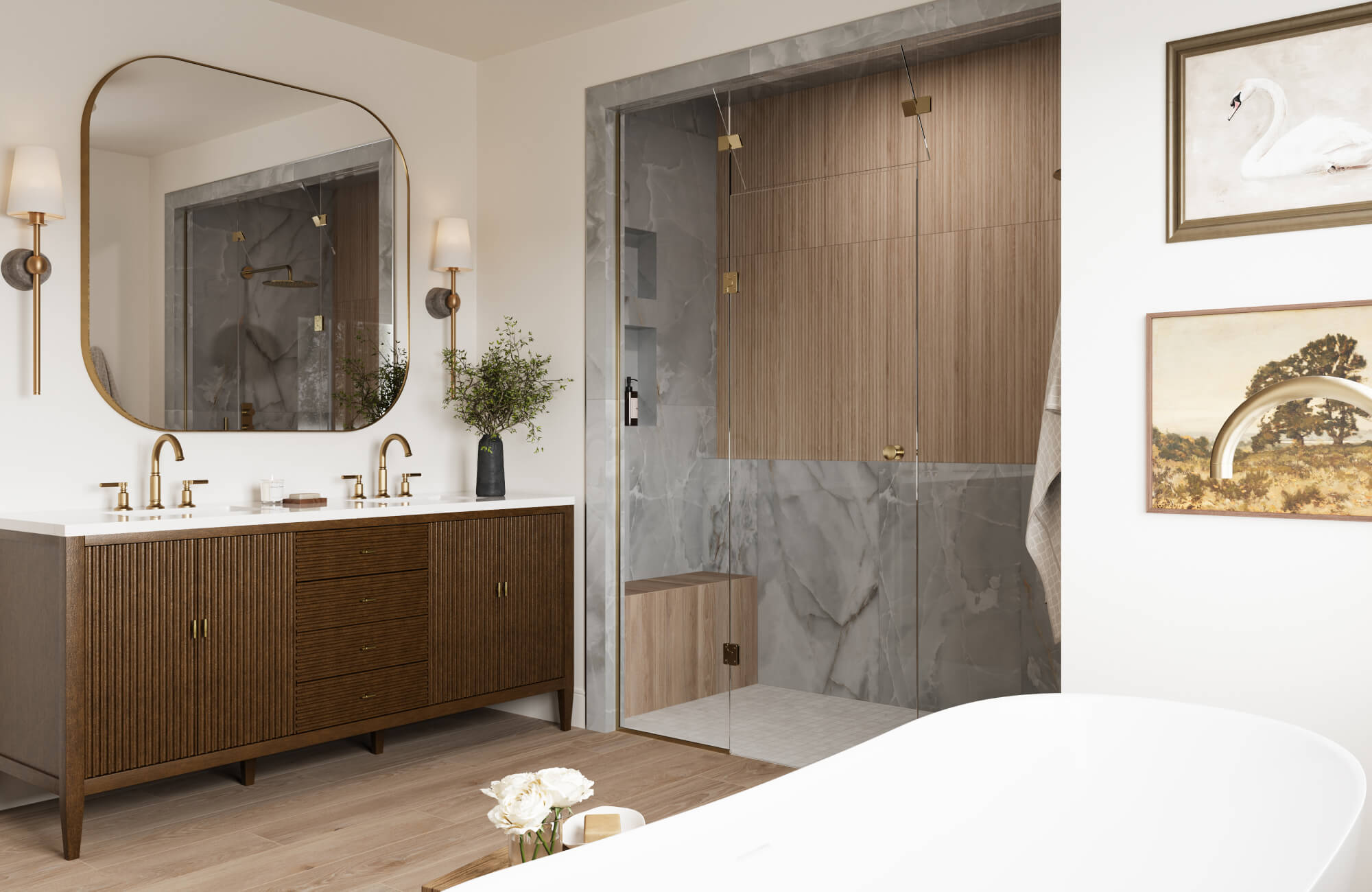 null Mid-century walnut double vanity with white quartz top and dual brass faucets, set beside a glass shower and contemporary wall sconces in a neutral-toned bathroom.