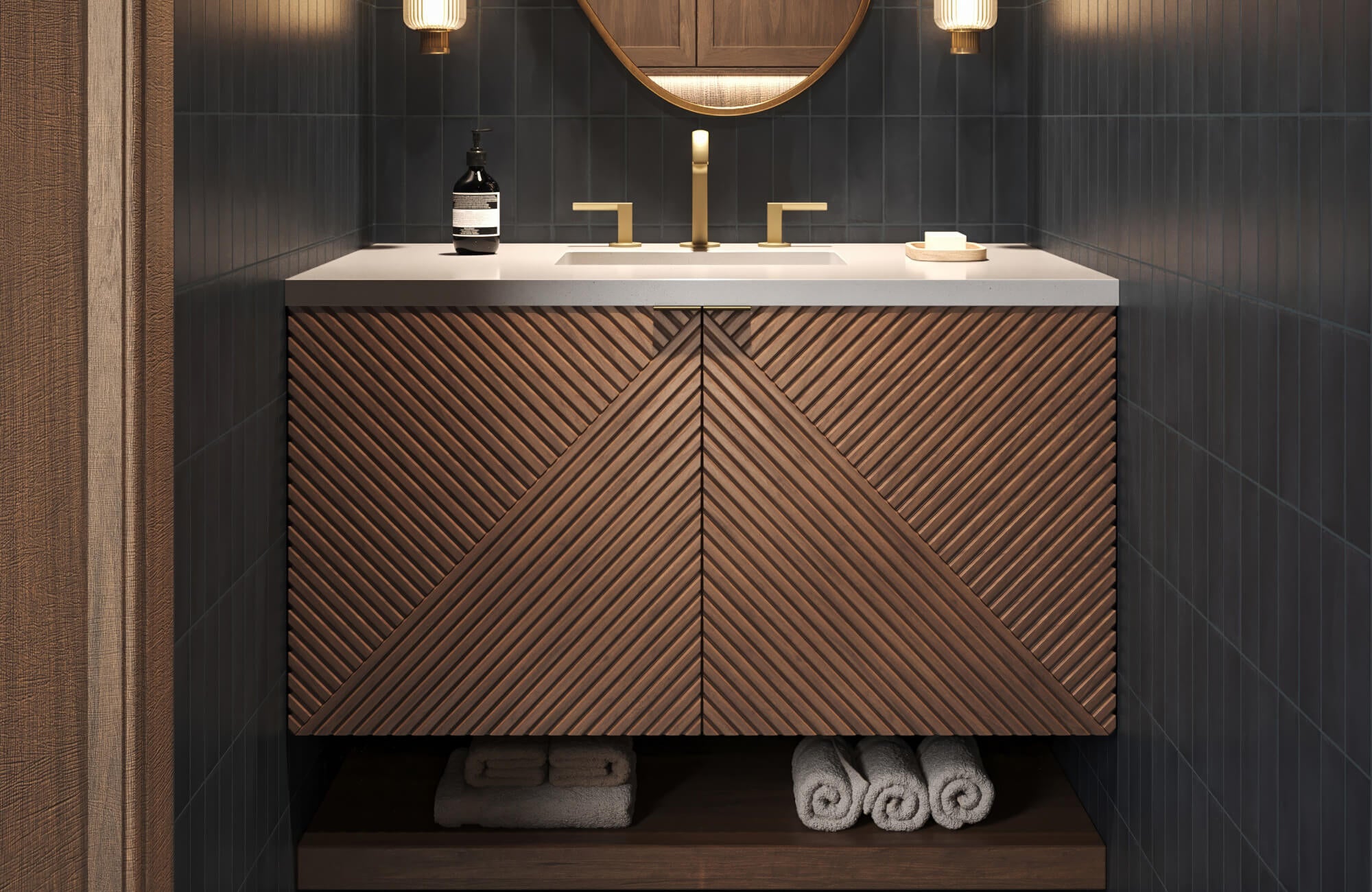 null Modern powder room featuring a sculptural wood vanity with diagonal slatted doors, white top, and brass faucet, with rolled towels stored neatly below.