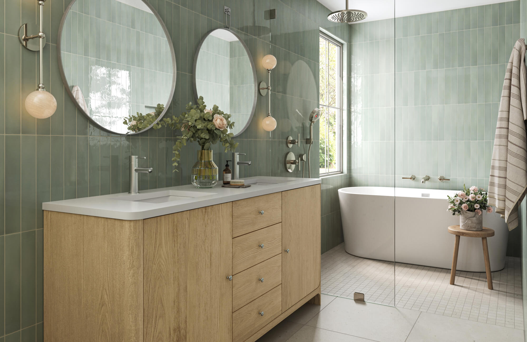 null Single sink vanity with diamond-patterned wood cabinetry and white top, paired with a round mirror and gold faucet in a softly lit bathroom.
