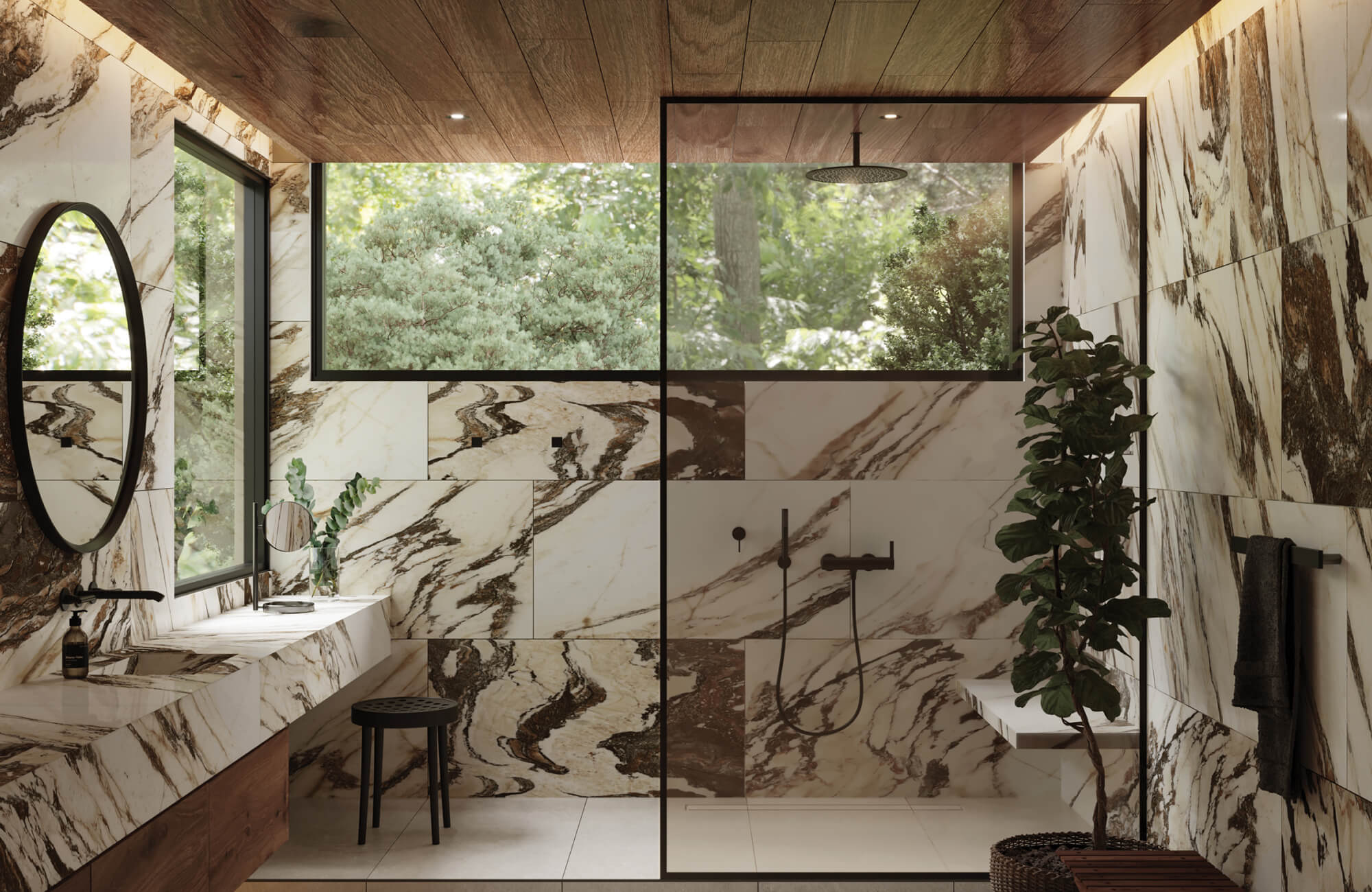 Luxurious bathroom featuring polished marble-look porcelain tiles with dramatic veining, sleek black fixtures, and expansive windows that highlight the tile’s reflective, high-gloss finish.