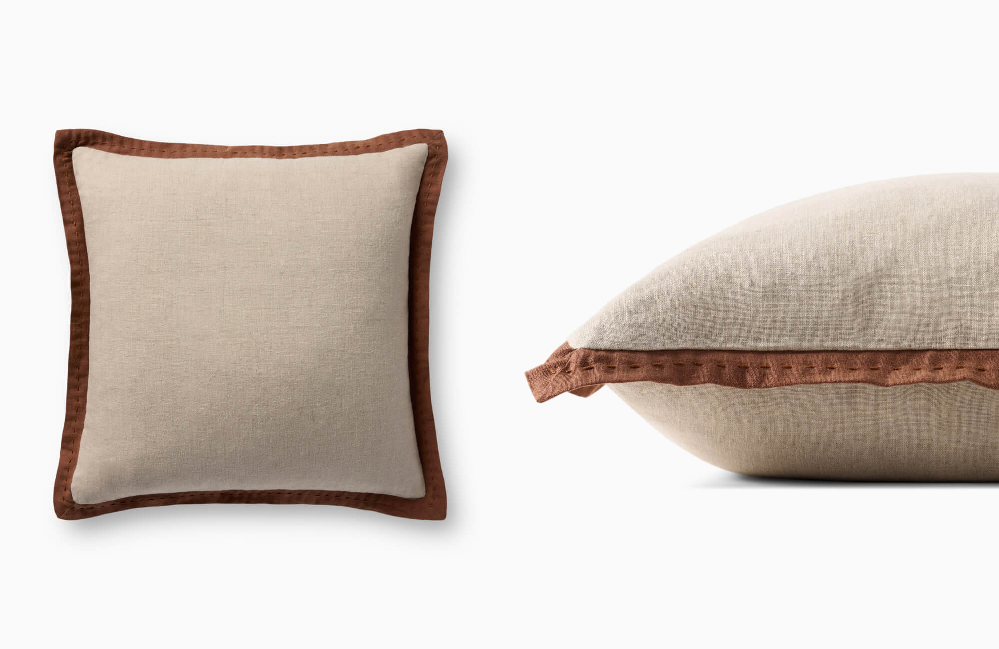 Beige square pillow with a brown stitched border shown beside a close-up side view of a matching textured pillow cover.