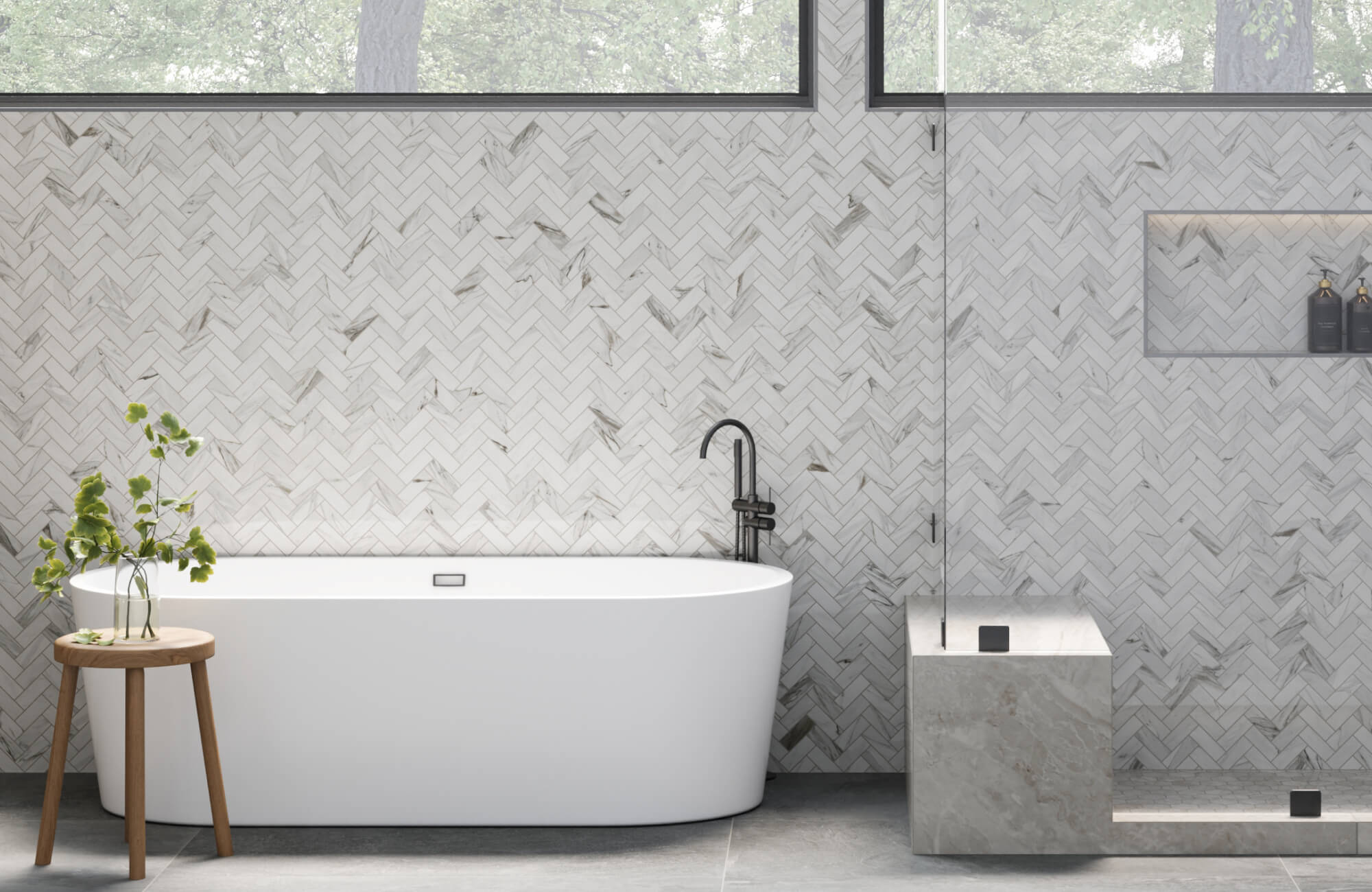 null A herringbone layout of white marble look subway tiles wraps the bathroom wall and continues seamlessly into the shower.