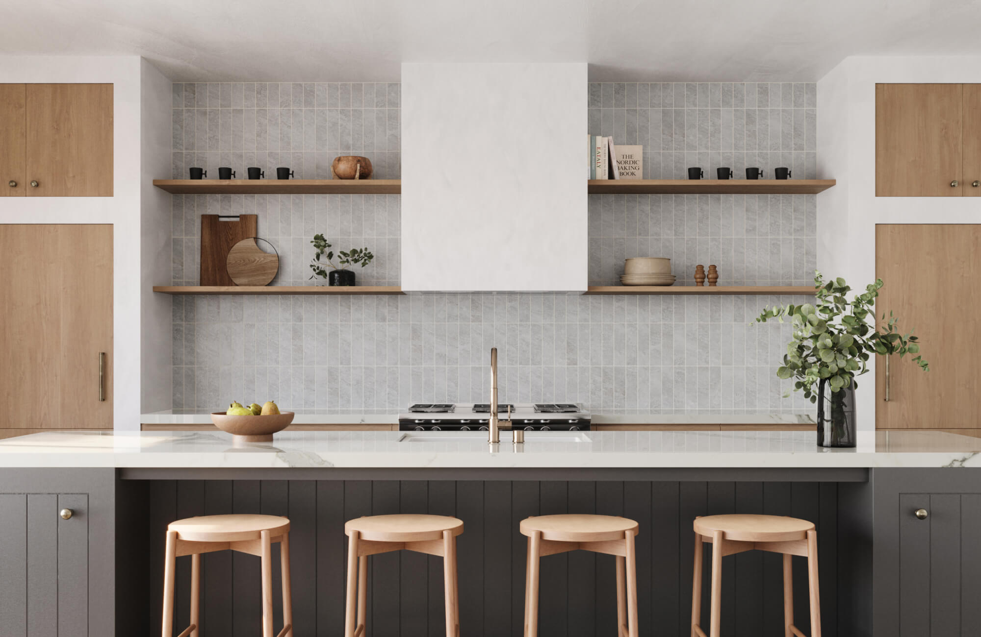 null Soft gray subway tiles arranged in a vertical stack form a seamless backsplash across the kitchen wall and shelving area.
