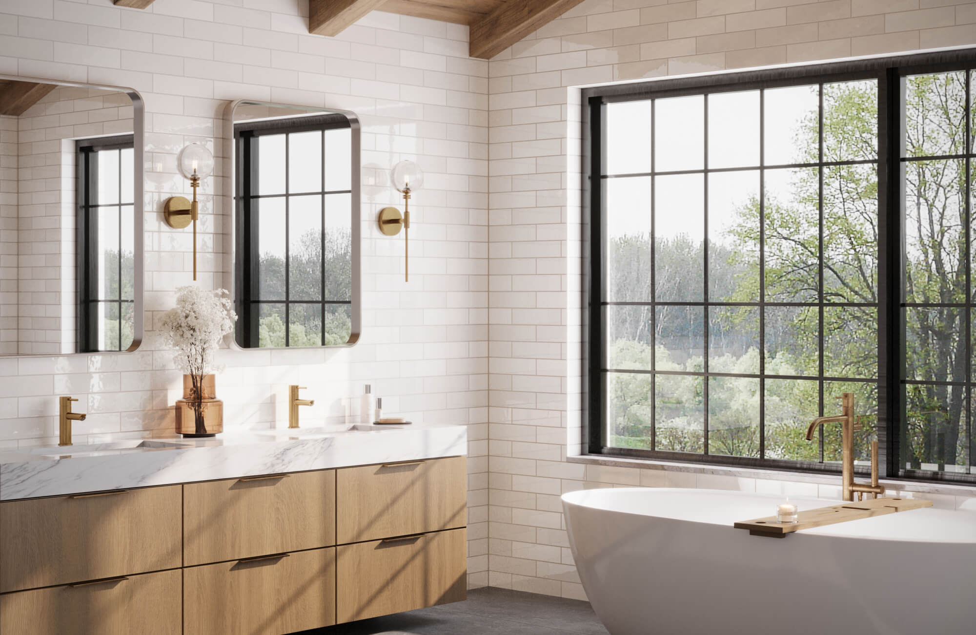 null White subway tiles arranged in a classic staggered pattern wrap the bathroom walls, creating a bright and timeless backdrop.