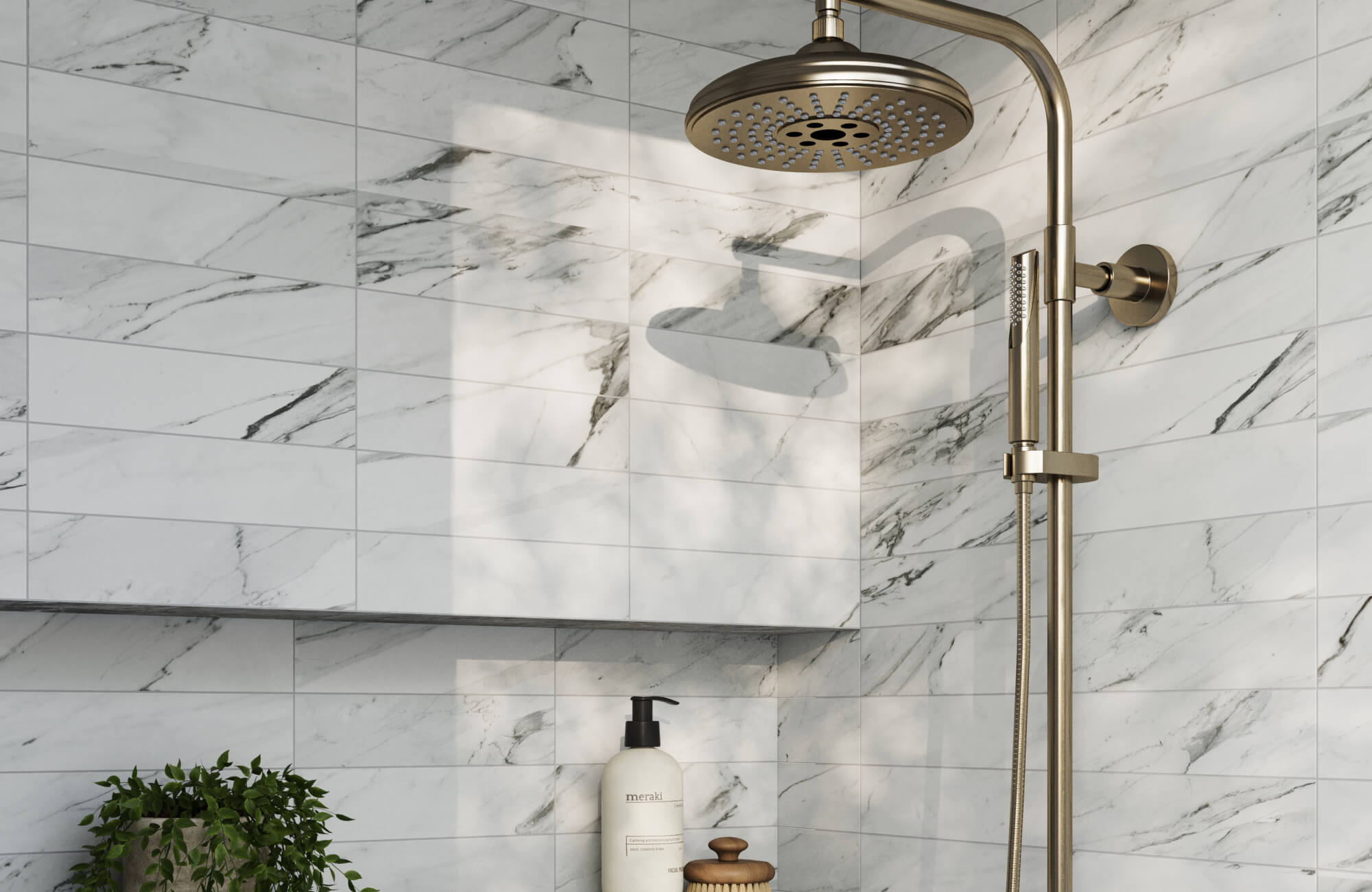 null White marble look subway tiles arranged in a clean horizontal stack wrap the shower walls, highlighting the natural veining.