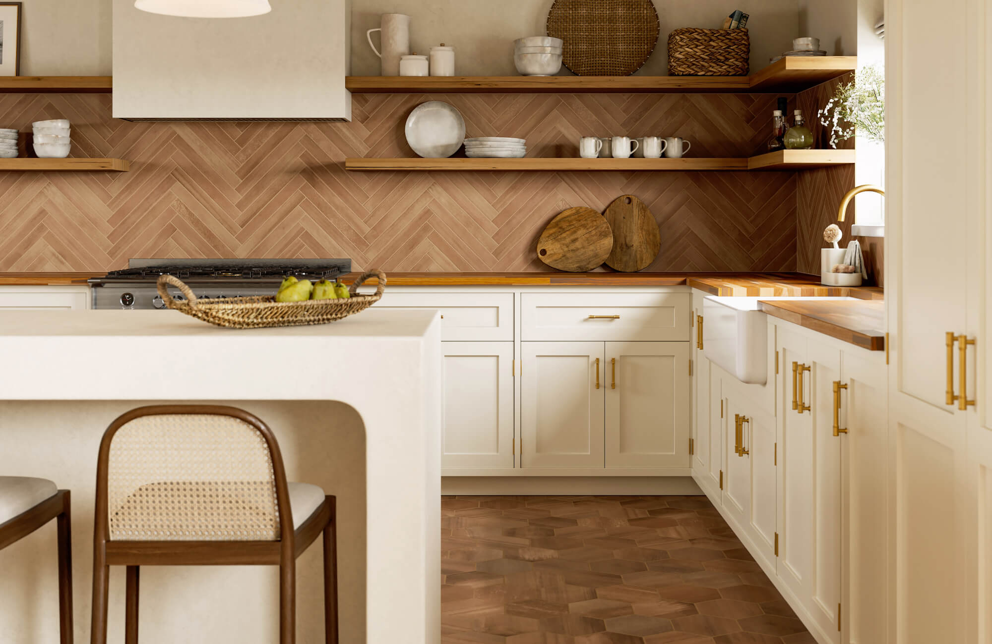 null Warm kitchen with cream cabinets, wood counters, and herringbone terracotta porcelain tile backsplash and floor.