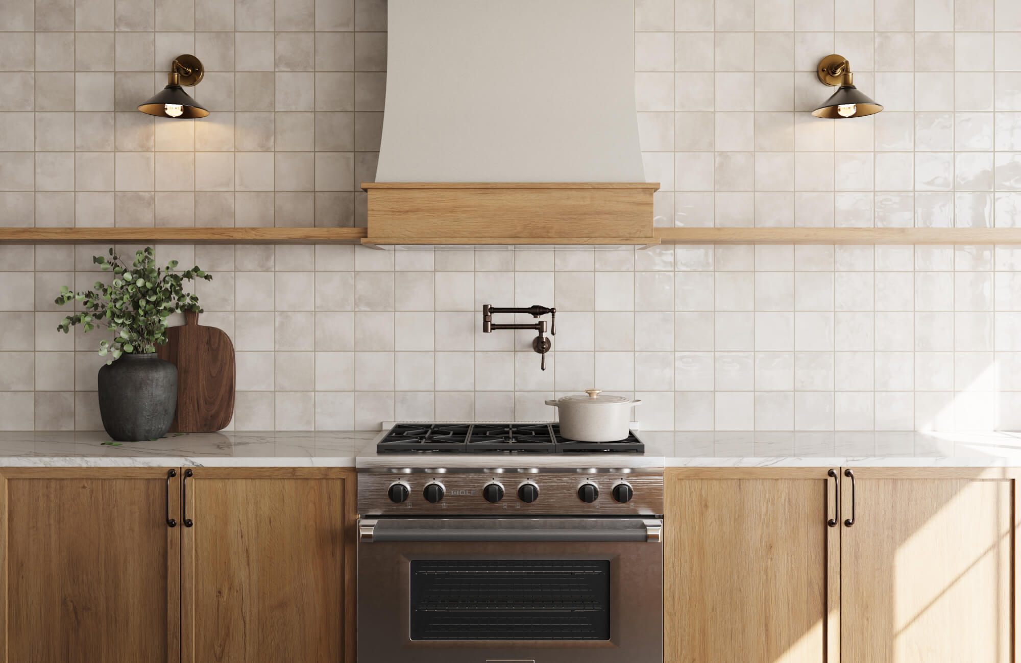 null Minimalist kitchen with natural wood cabinets and glossy square ceramic tile backsplash.
