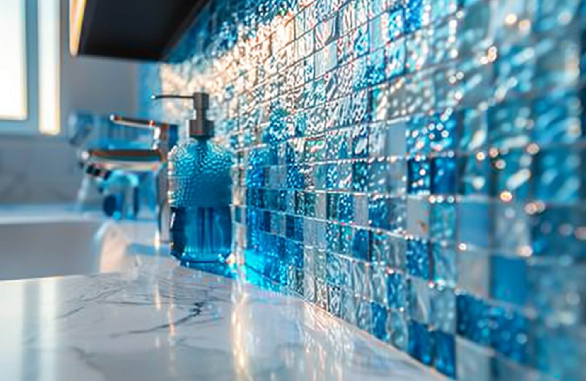null Shimmering mosaic glass backsplash of blue glass tiles reflecting light beside a marble countertop.