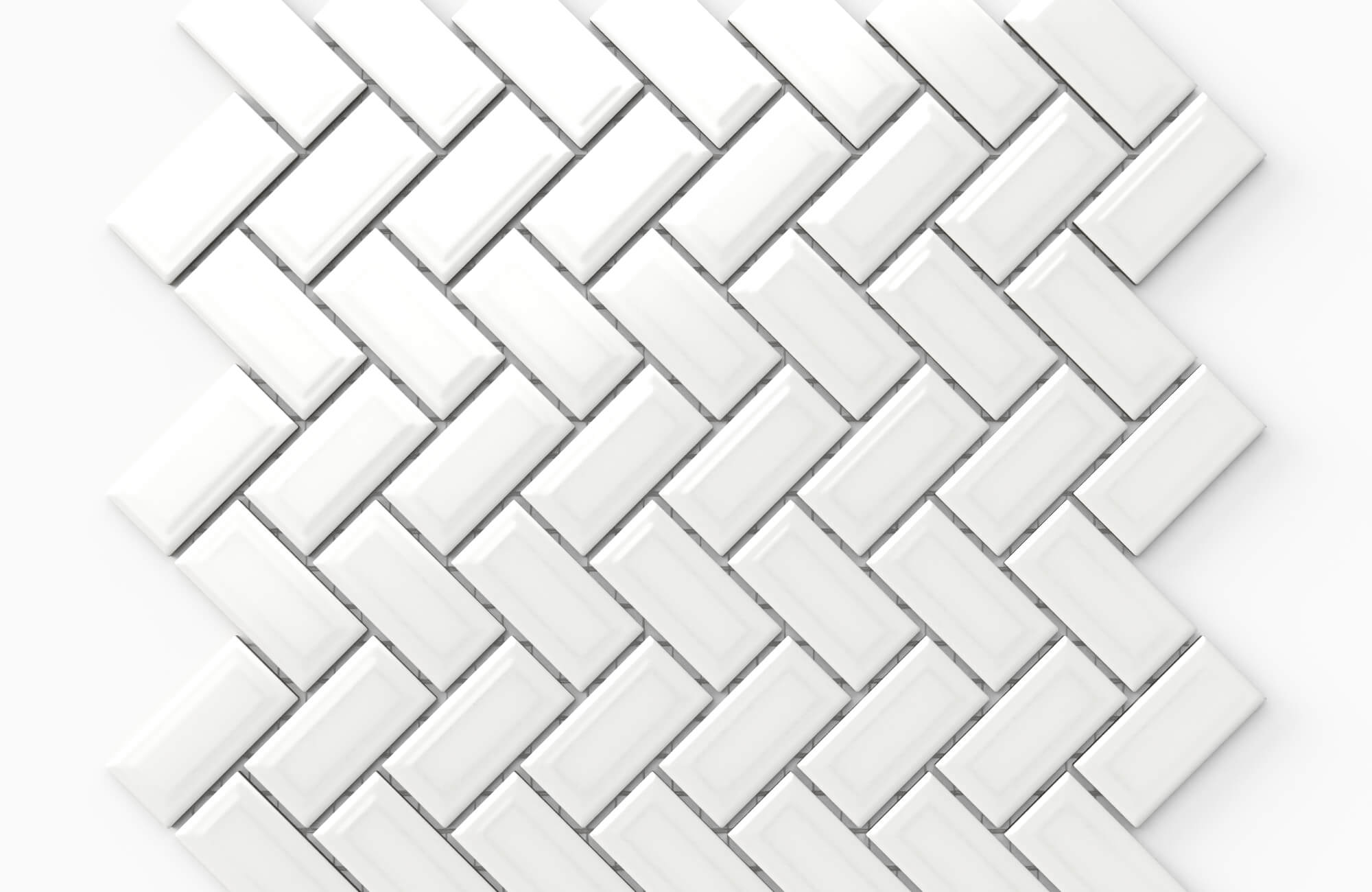 null Glossy white subway tiles arranged in a classic herringbone pattern, creating a clean, timeless surface with a refined modern aesthetic.