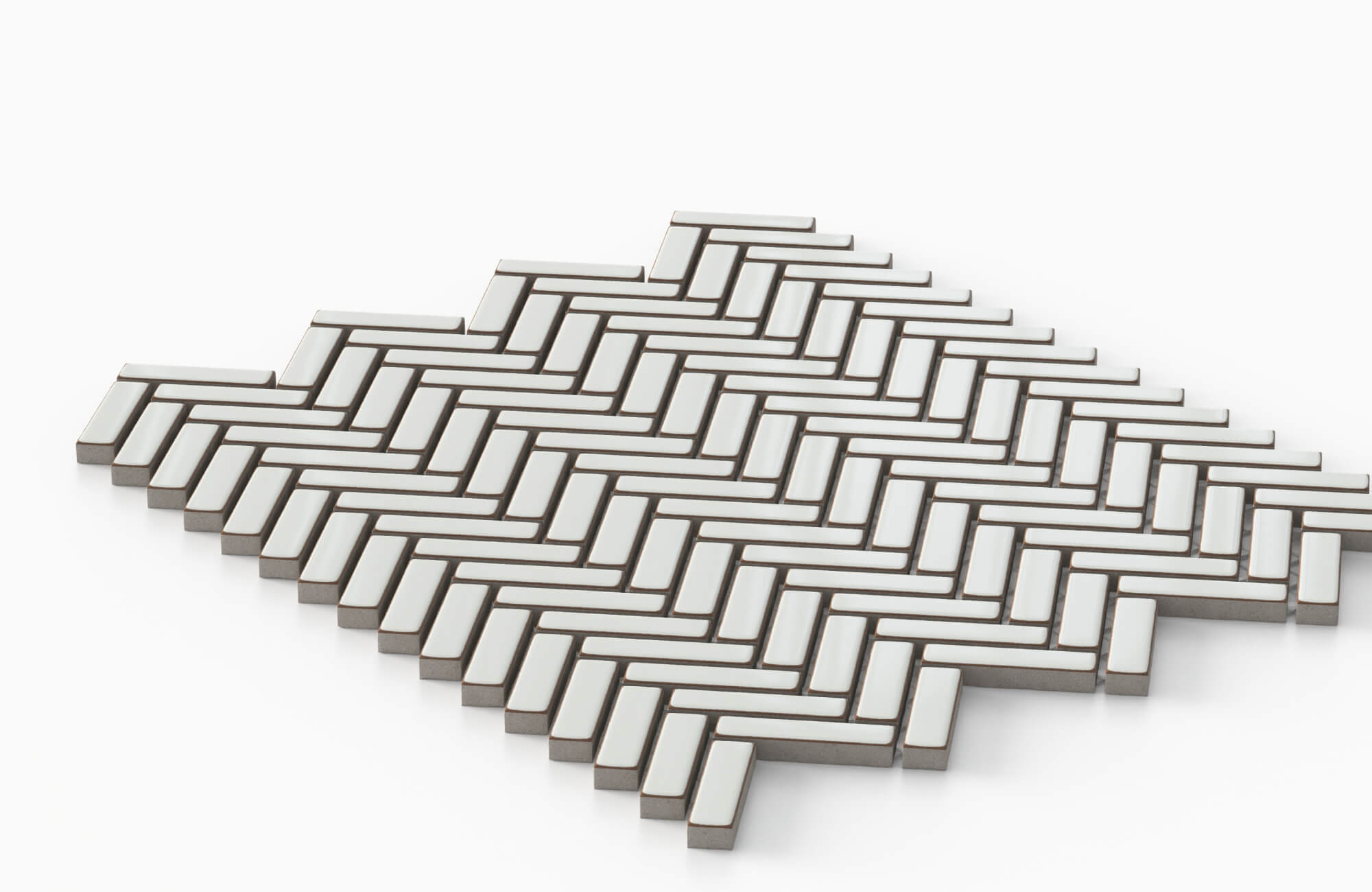 null Elegant herringbone tile layout featuring slim rectangular white tiles with contrasting dark grout lines, creating a refined geometric pattern with modern depth and texture.