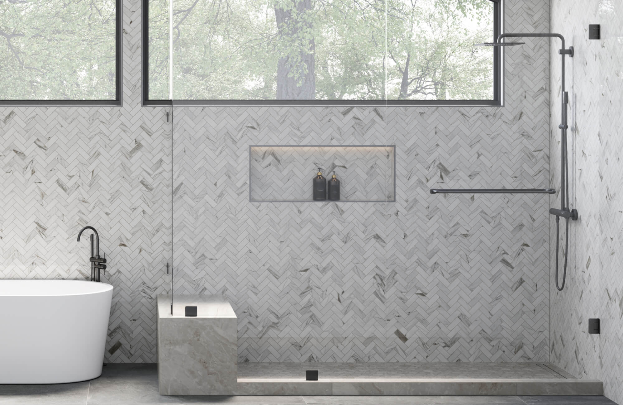 null Modern bathroom featuring elegant marble herringbone tiles on the walls, complemented by sleek black fixtures and a freestanding tub, creating a serene and luxurious spa-like atmosphere.