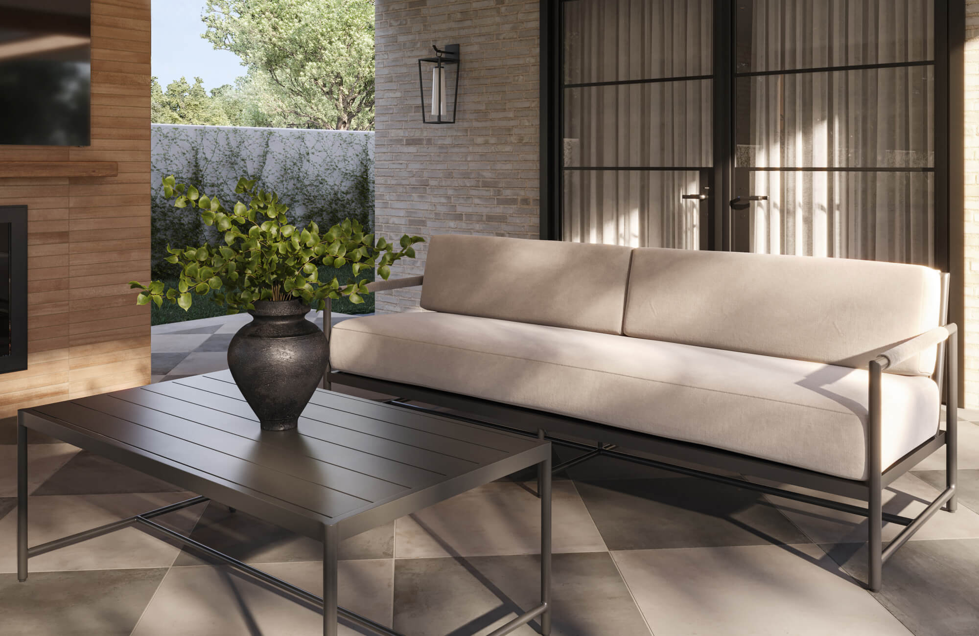 null Contemporary covered patio with a cream outdoor sofa, dark metal coffee table, checkerboard flooring, and black framed glass doors.
