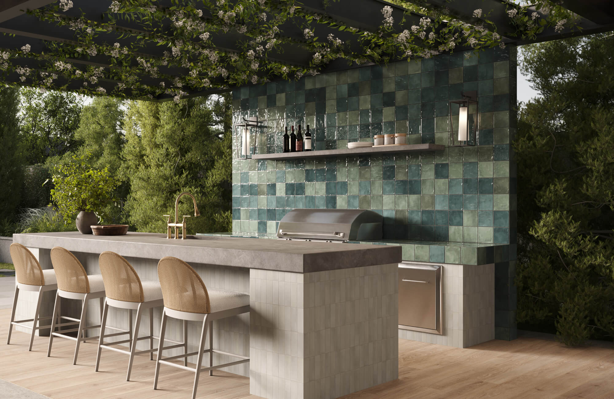 null Modern outdoor kitchen with glossy green tiled backsplash, light woven counter stools, floating shelves, and wood-look flooring beneath a vine-covered pergola.