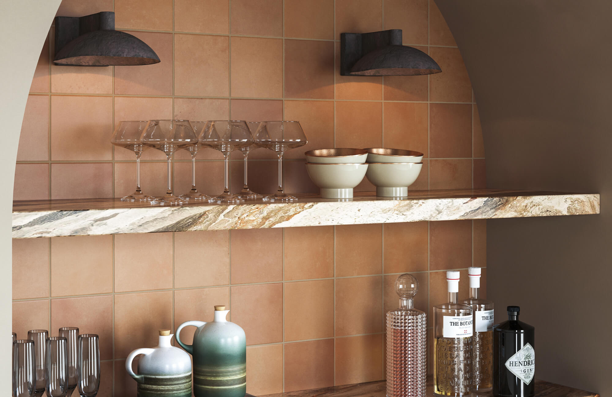 null Warm-toned bar nook featuring terracotta Zellige tile backsplash with a matte handcrafted finish, complemented by a marble shelf, rustic lighting, and artisanal glassware for an inviting Mediterranean charm.