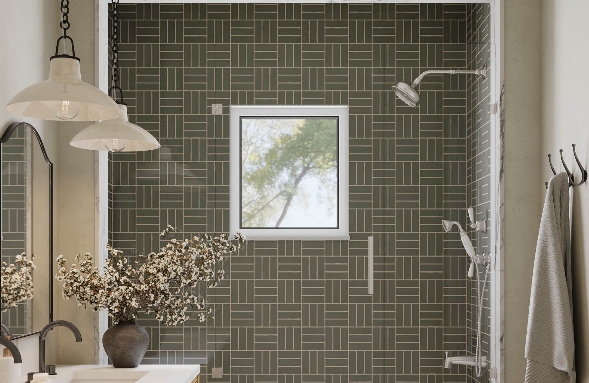 null Contemporary bathroom featuring a geometric green tile backsplash in a basketweave pattern, paired with neutral walls, black fixtures, and natural accents for a refined modern aesthetic.