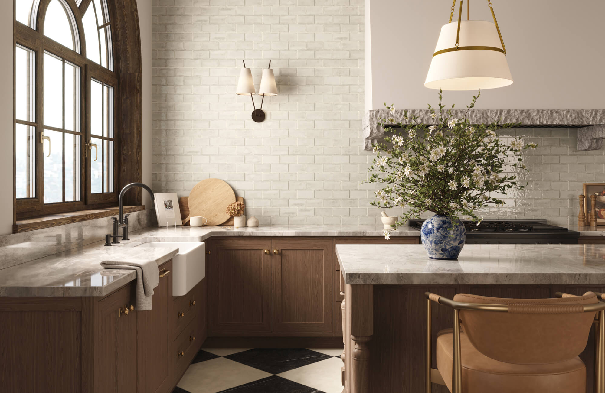 Neutral kitchen corner with white subway tile backsplash, farmhouse sink, wood cabinets, and soft natural light.