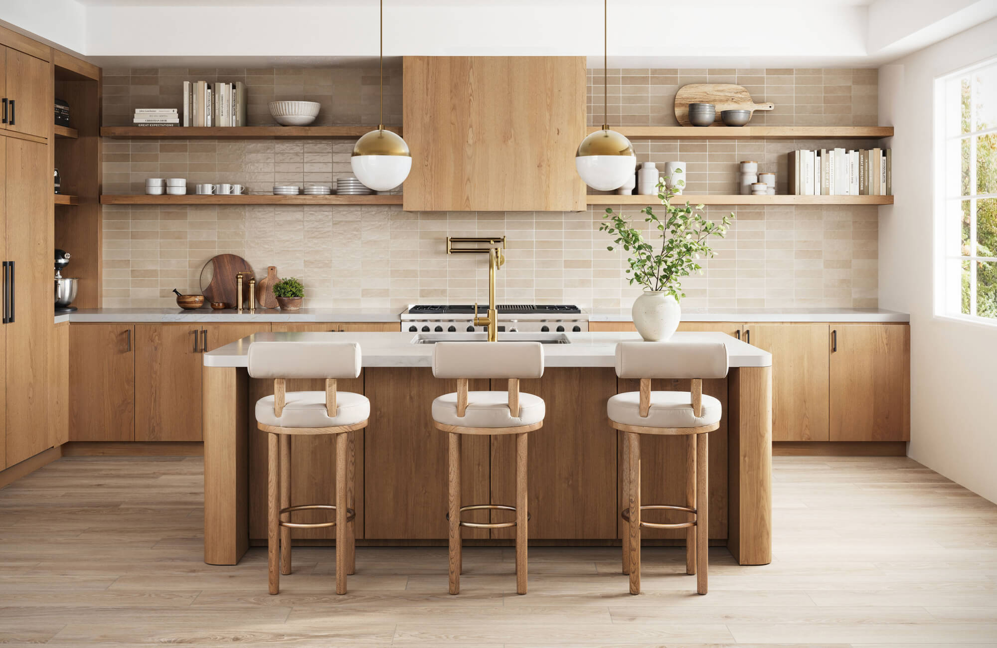 Light wood kitchen with open shelving, neutral tile backsplash, island seating, and a calm, balanced layout.