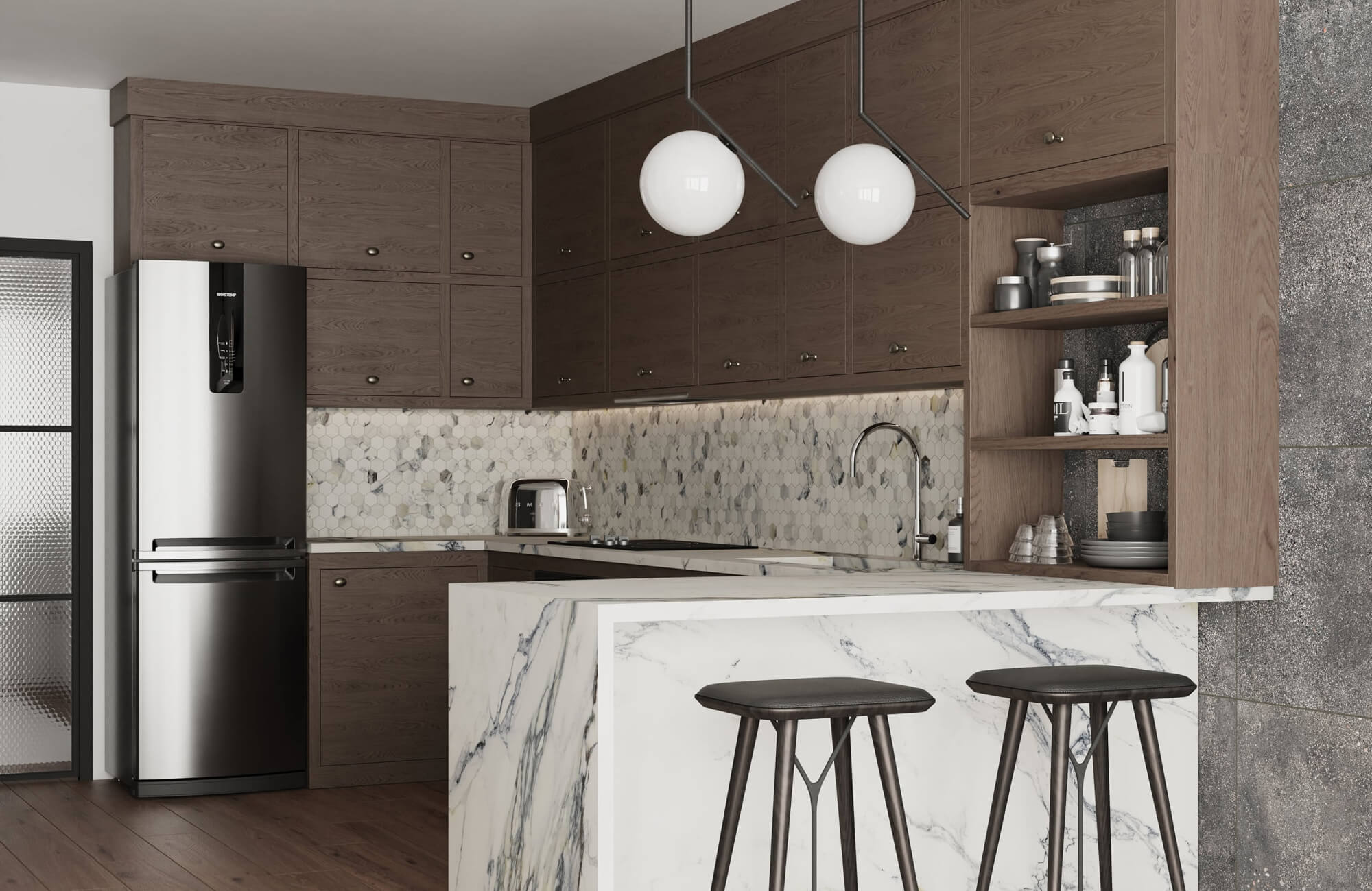 Compact kitchen with integrated appliances, stone counters, wood cabinetry, and geometric backsplash tiles.