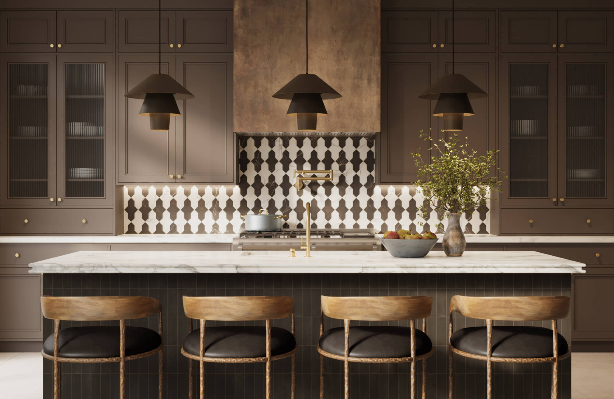 Elegant kitchen featuring dark cabinetry, patterned backsplash, brass accents, and classic pendant lighting.