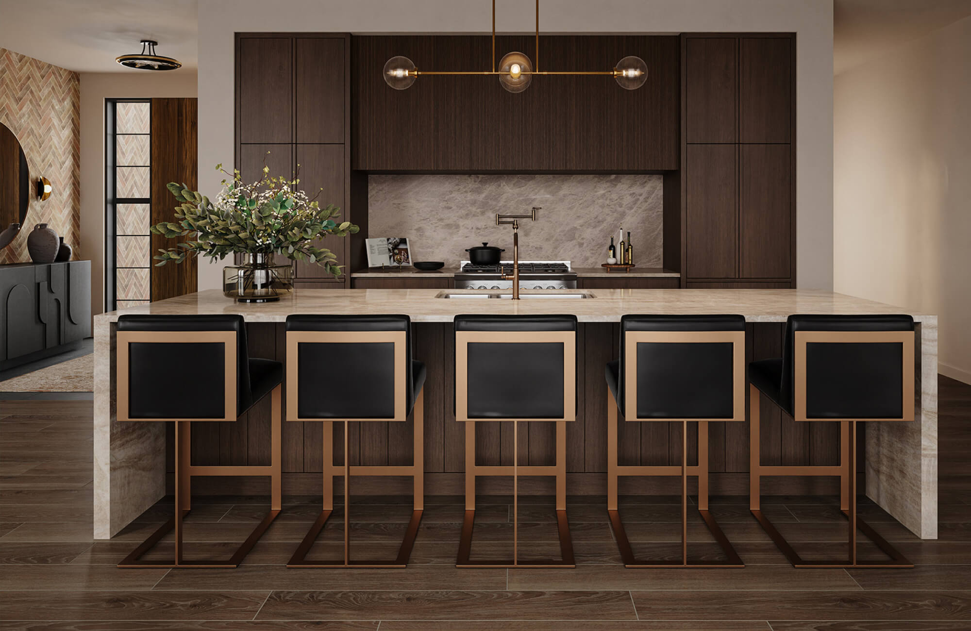 Sophisticated kitchen island with dark wood cabinets, stone countertops, brass details, and balanced seating.