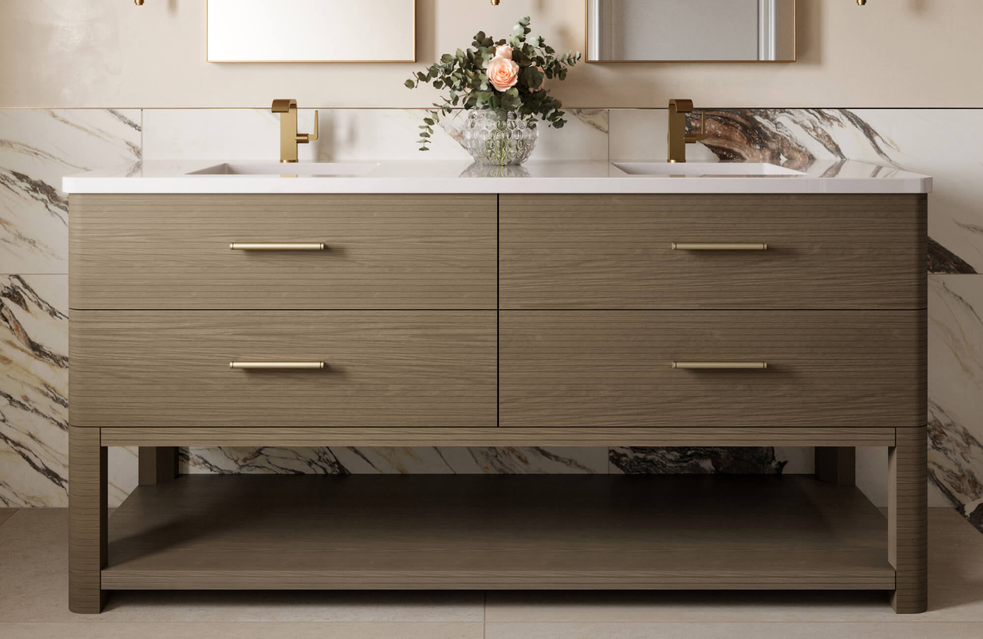null Contemporary double sink vanity with sleek taupe drawers, brushed brass pulls, and elegant marble wall accents.